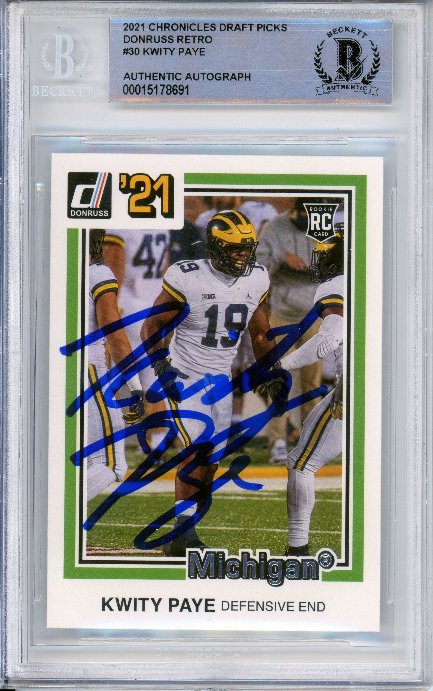 2021 Chronicles Draft Picks Retro #30 Kwity Paye RC BGS Autograph 10