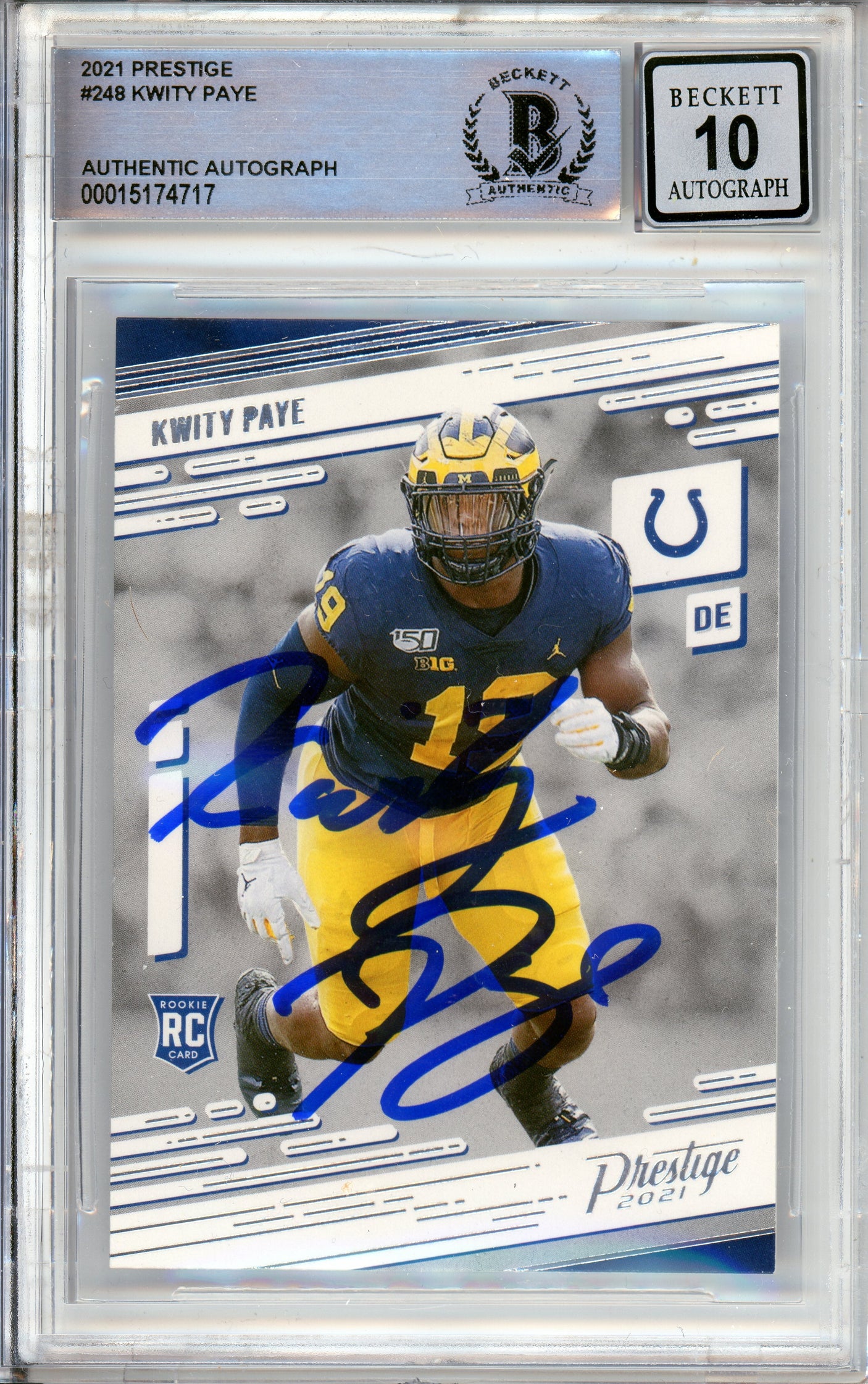 2021 Panini Prestige #248 Kwity Paye RC Indianapolis Colts BGS Autograph 10
