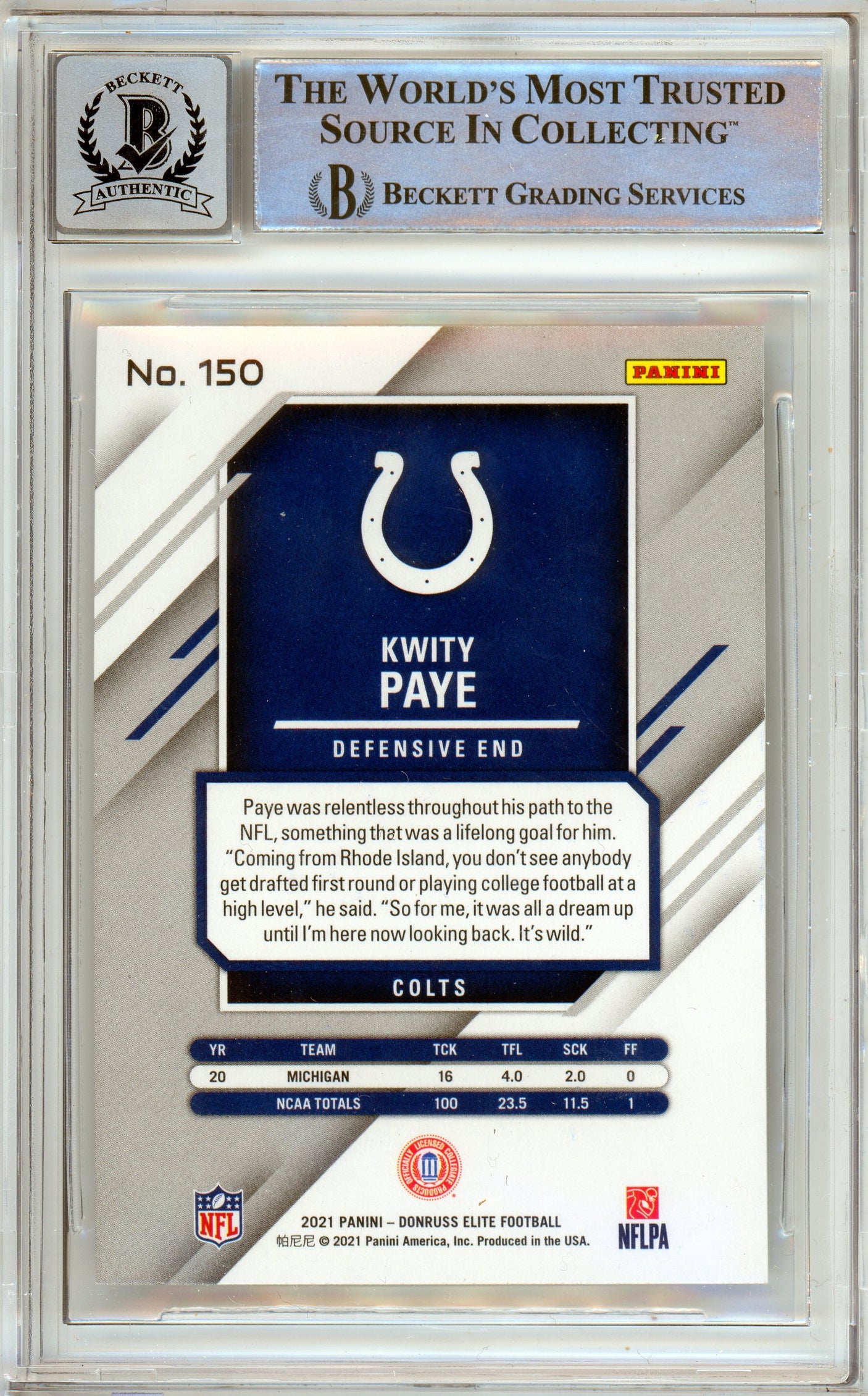 2021 Panini Elite #150 Kwity Paye RC Indianapolis Colts BGS Autograph 10
