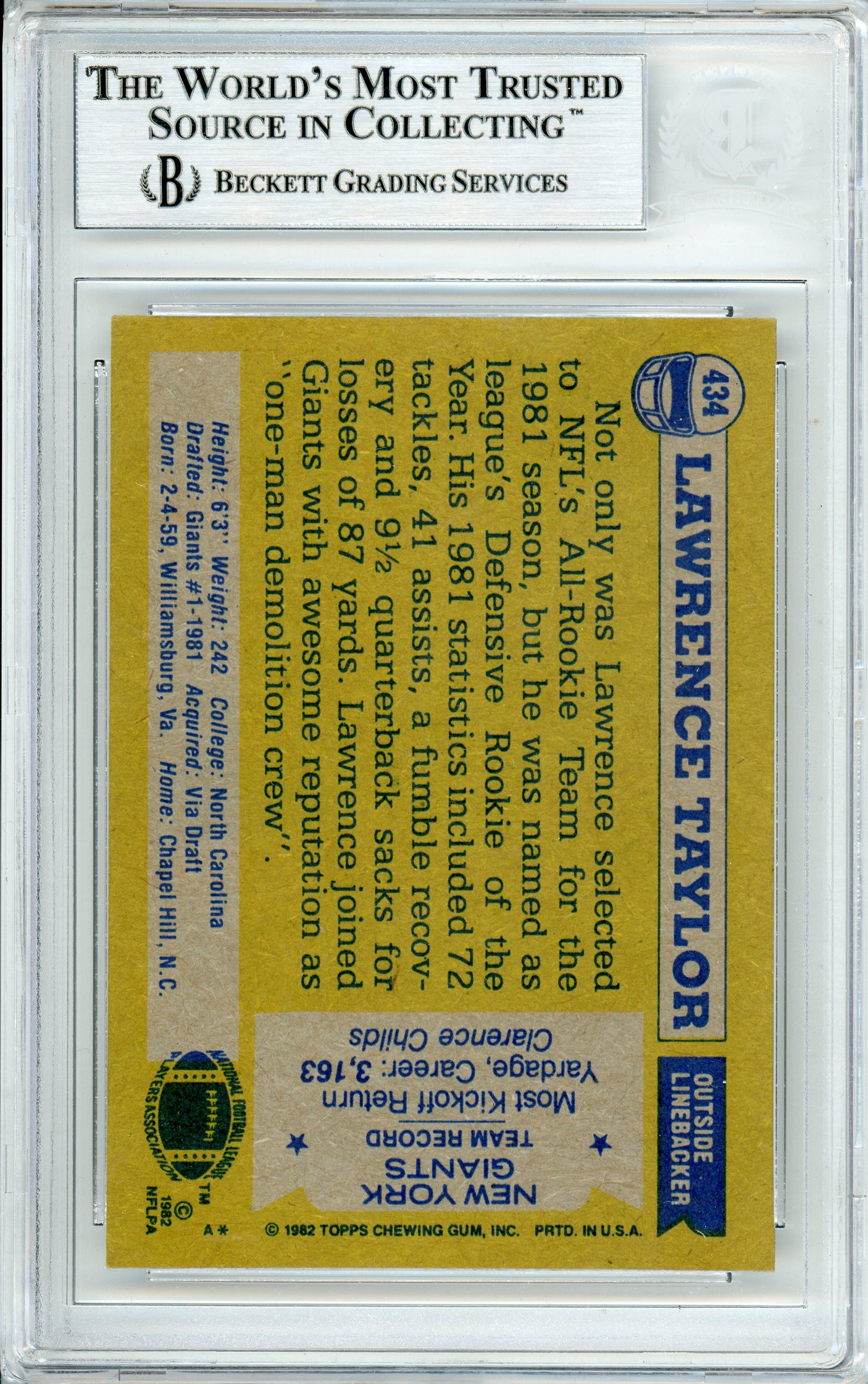 1982 Topps #434 Lawrence Taylor RC New York Giants BGS Autograph 10
