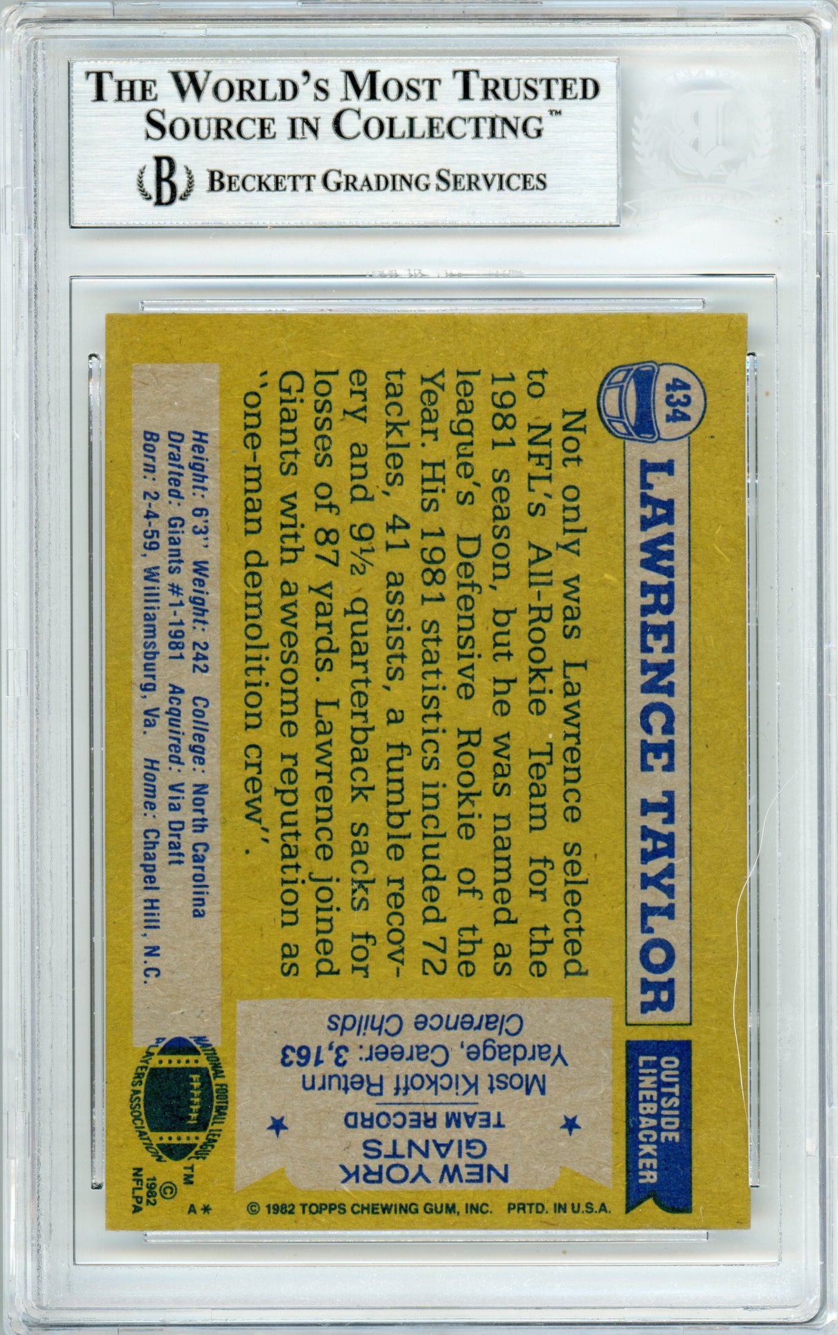 1982 Topps #434 Lawrence Taylor RC New York Giants BGS Autograph 10