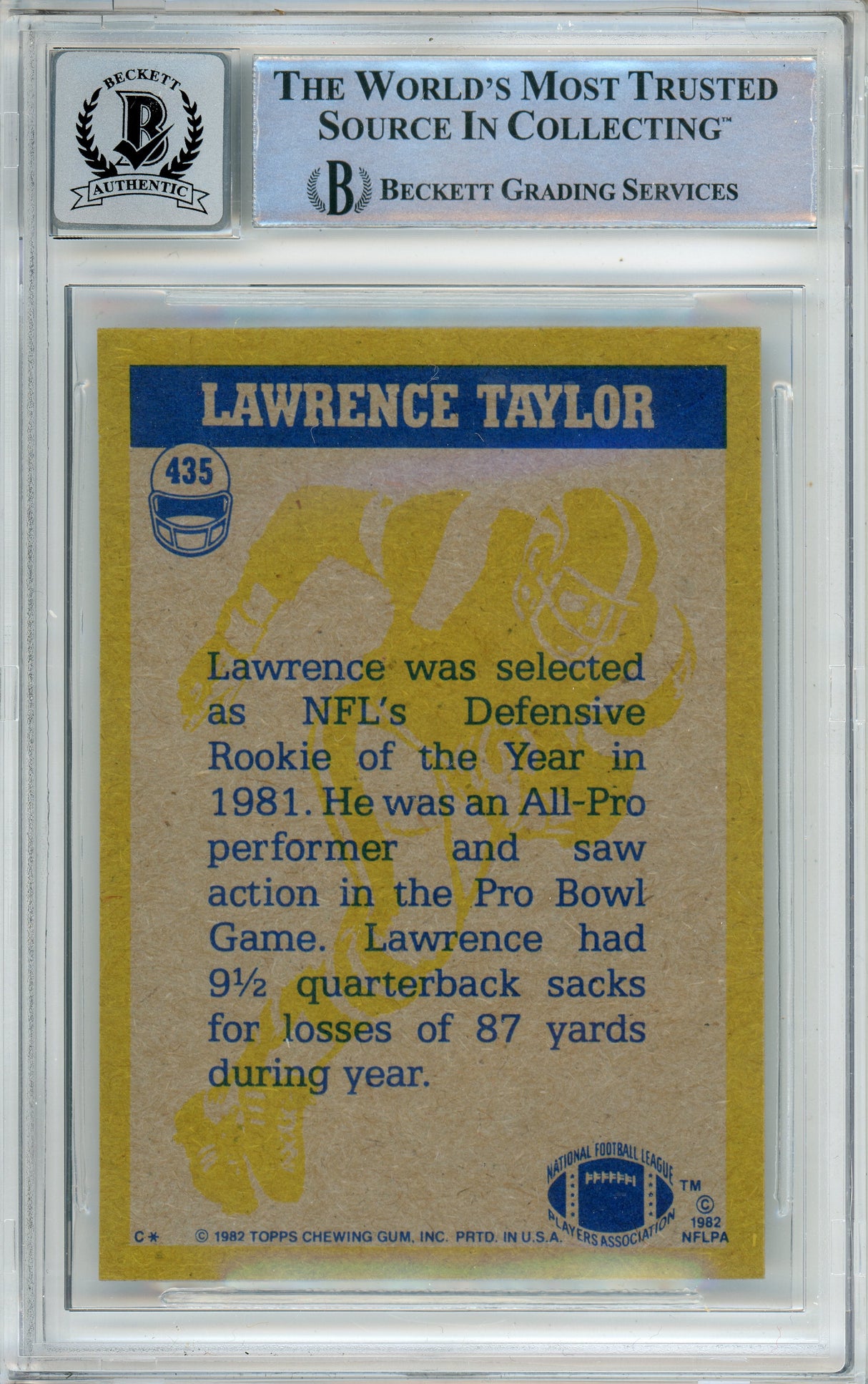 1982 Topps In Action #435 Lawrence Taylor RC New York Giants BGS Autograph 10