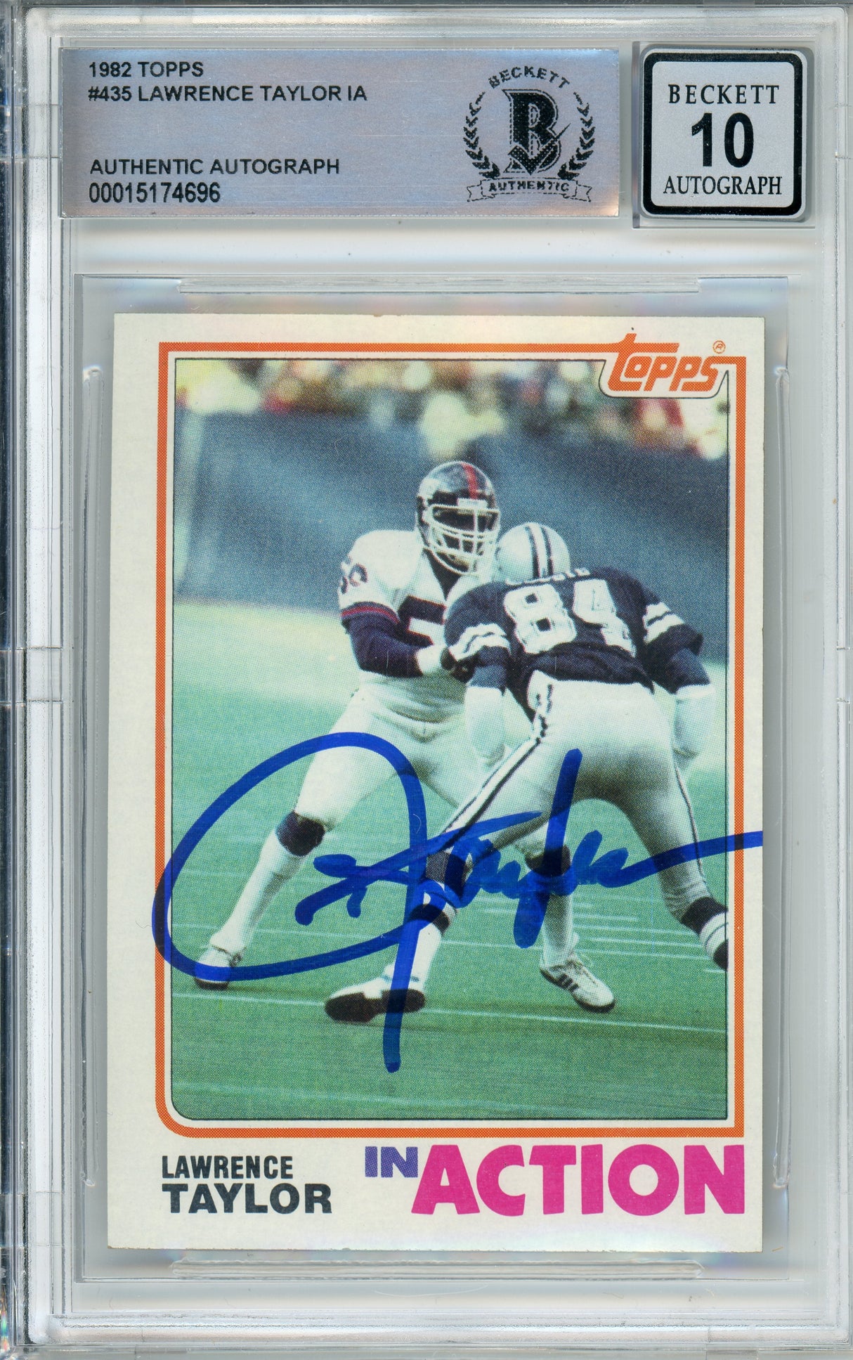 1982 Topps In Action #435 Lawrence Taylor RC New York Giants BGS Autograph 10
