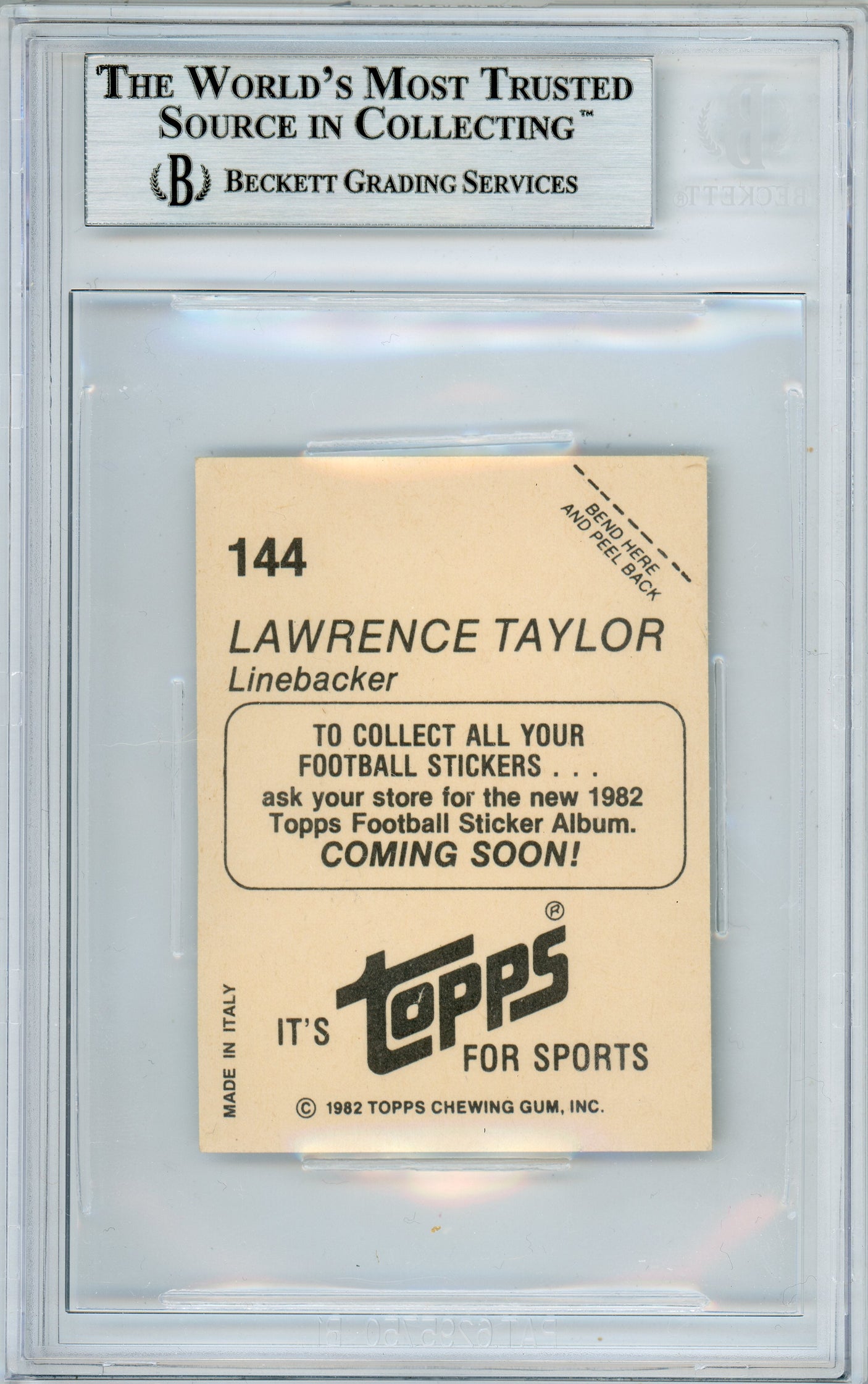 1982 Topps Stickers #144 Lawrence Taylor RC New York Giants BGS Autograph 10