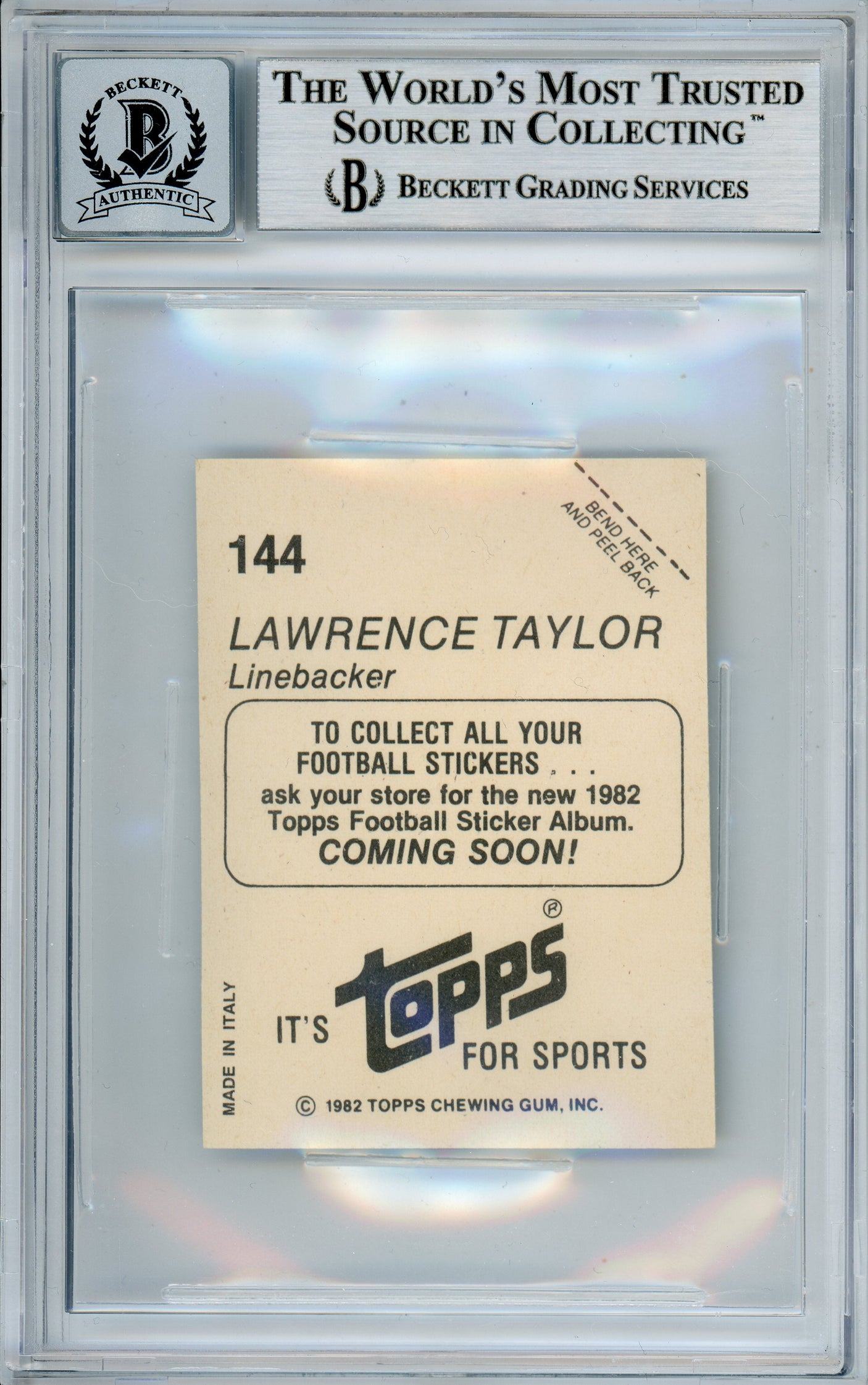 1982 Topps Stickers #144 Lawrence Taylor RC New York Giants BGS Autograph 10