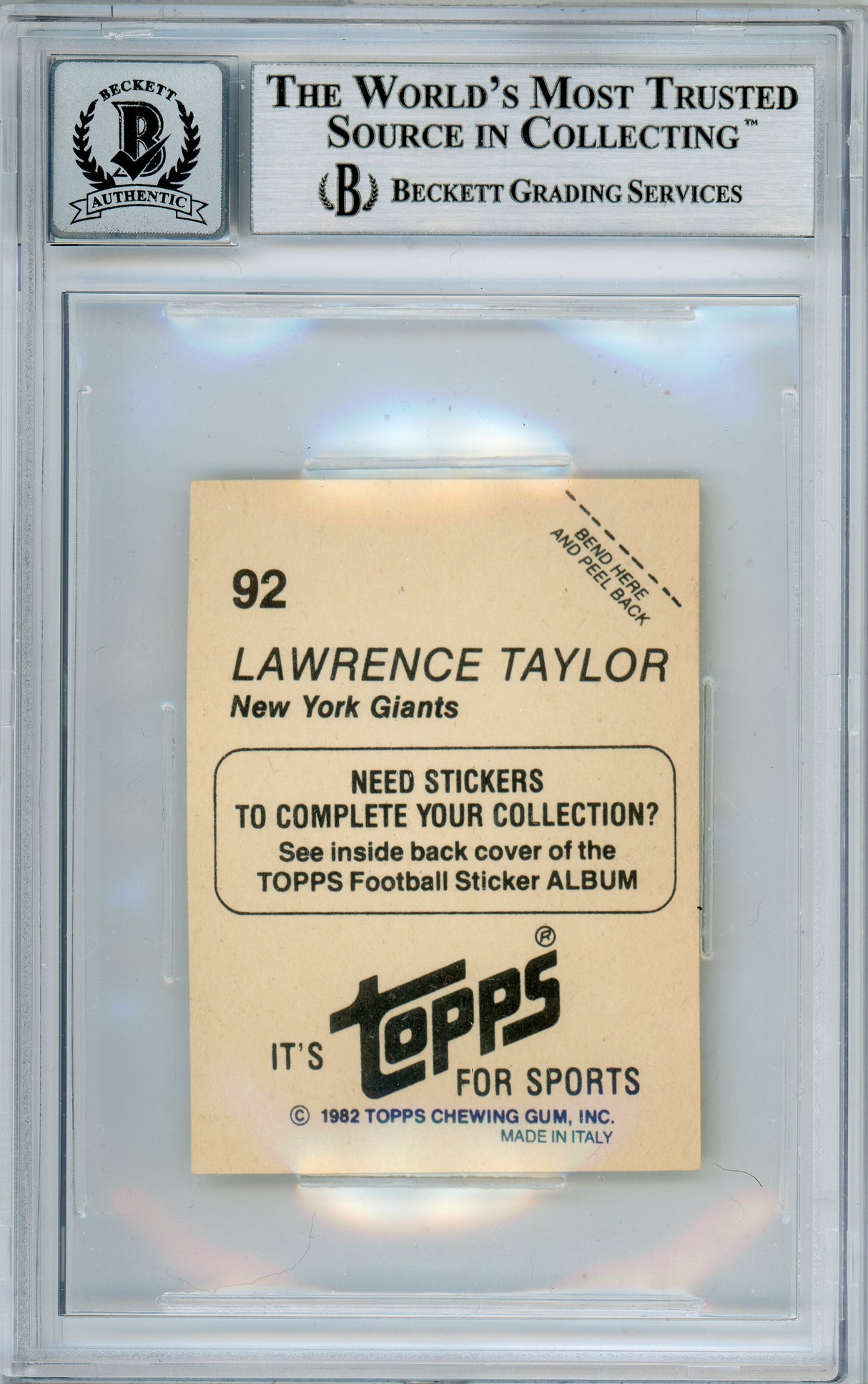 1982 Topps Stickers #92 Lawrence Taylor RC New York Giants BGS Autograph 10