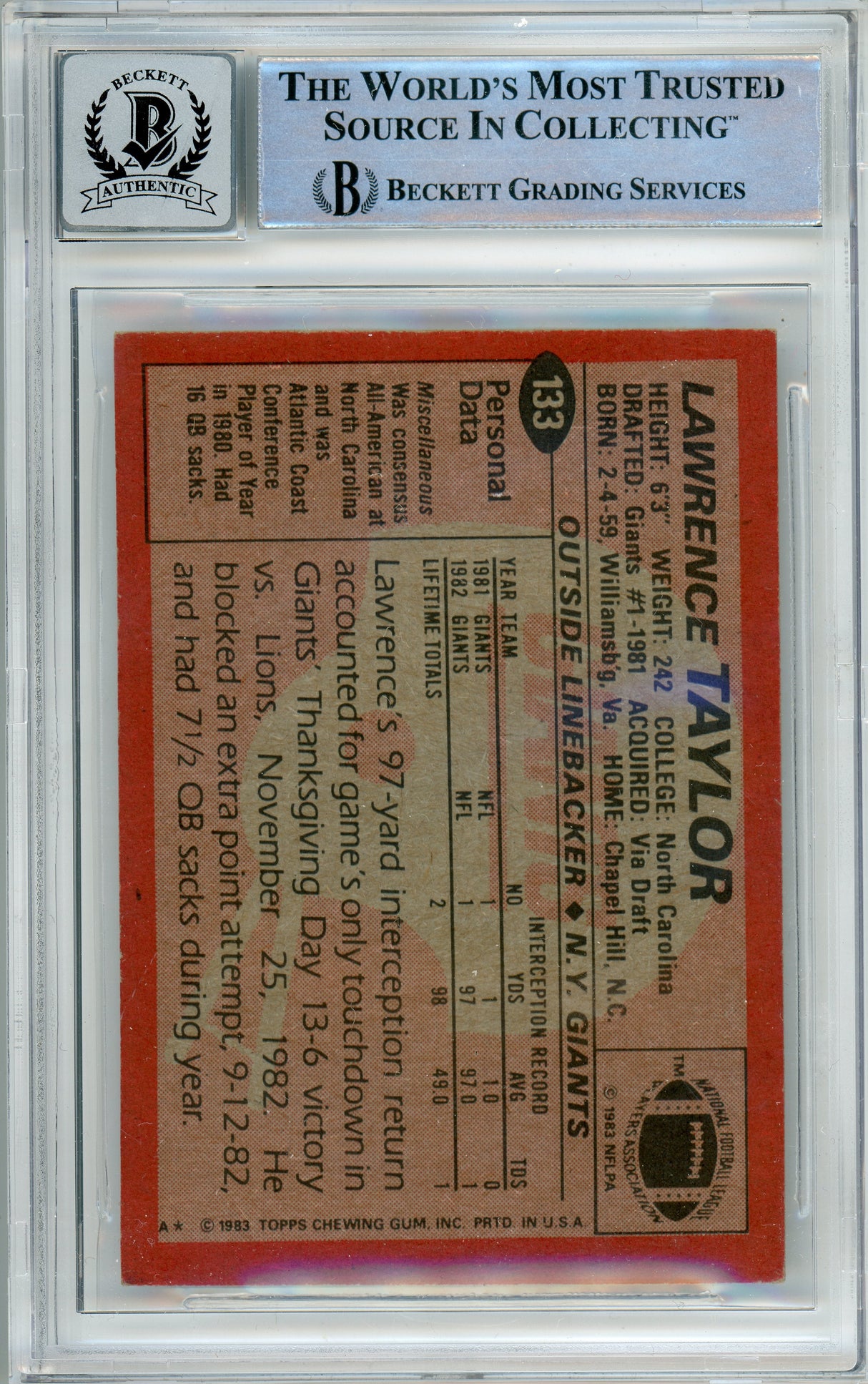 1983 Topps #133 Lawrence Taylor New York Giants BGS Autograph 10