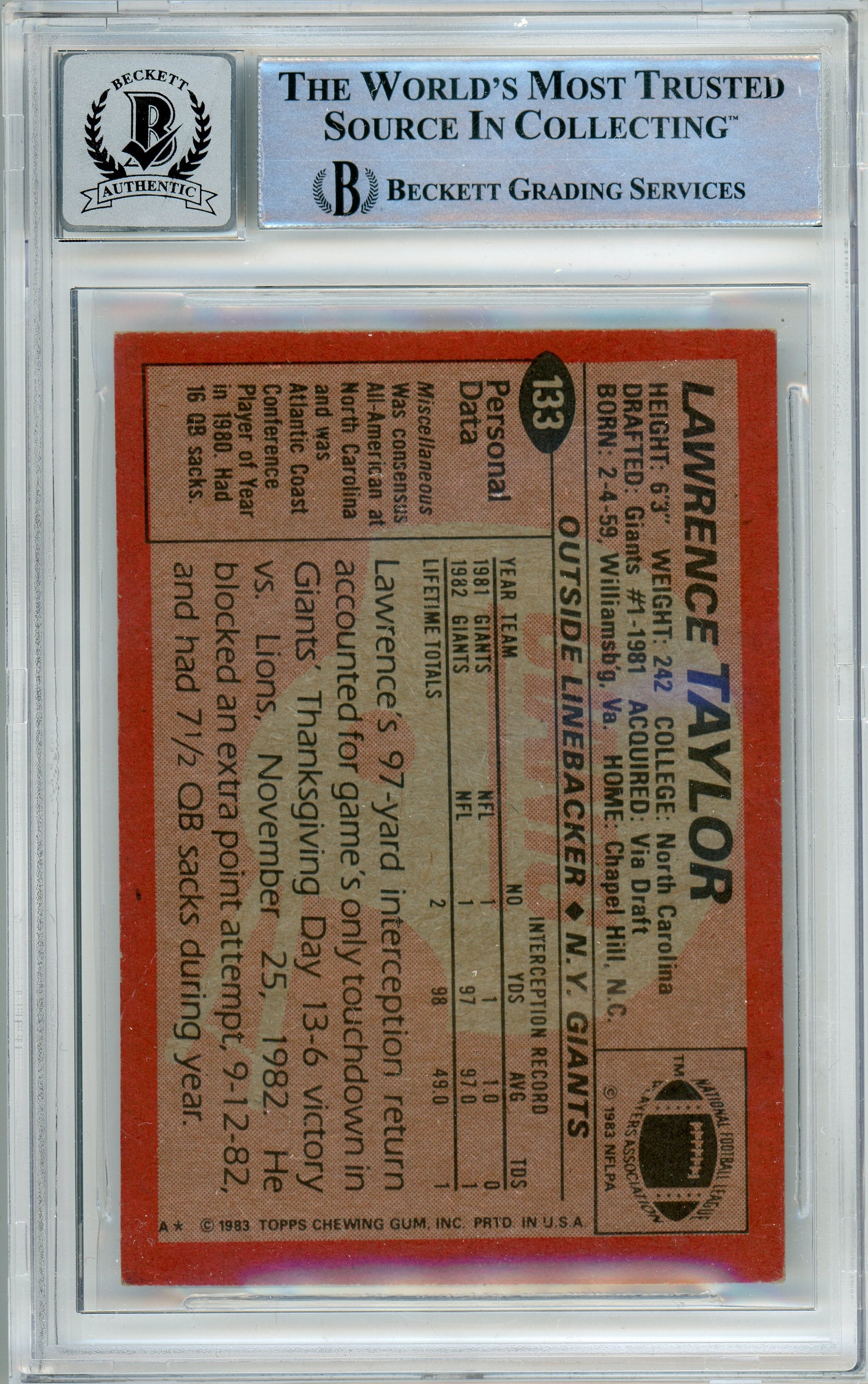 1983 Topps #133 Lawrence Taylor New York Giants BGS Autograph 10