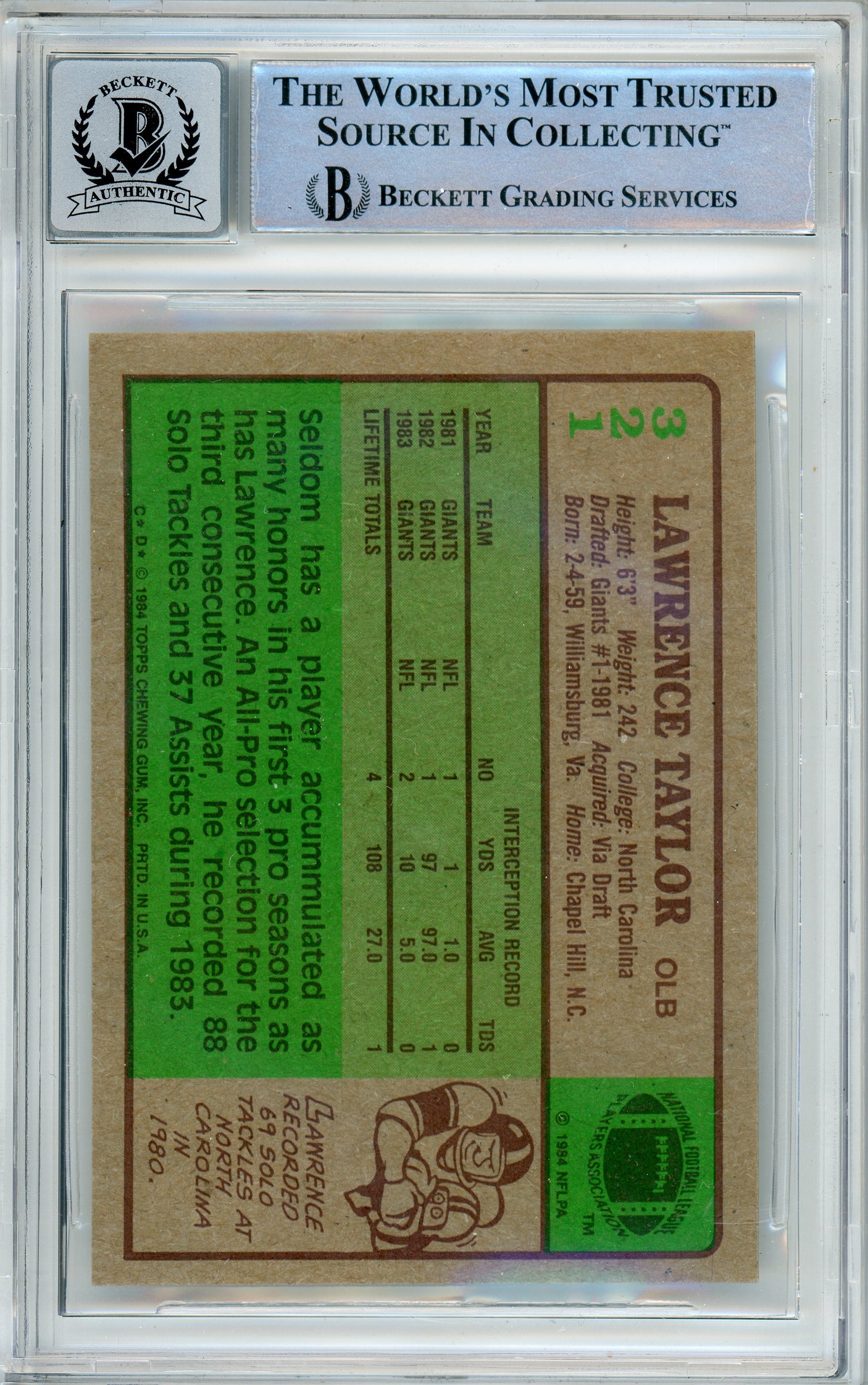 1984 Topps #321 Lawrence Taylor New York Giants BGS Autograph 10