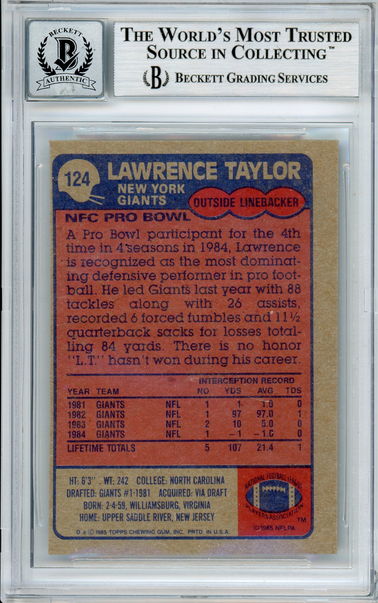1985 Topps #124 Lawrence Taylor New York Giants BGS Autograph 10