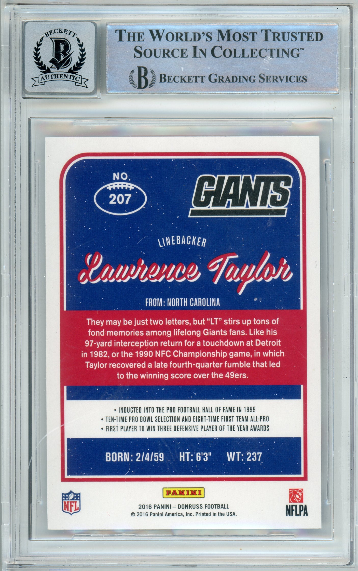 2016 Panini Donruss #207 Lawrence Taylor New York Giants BGS Autograph 10