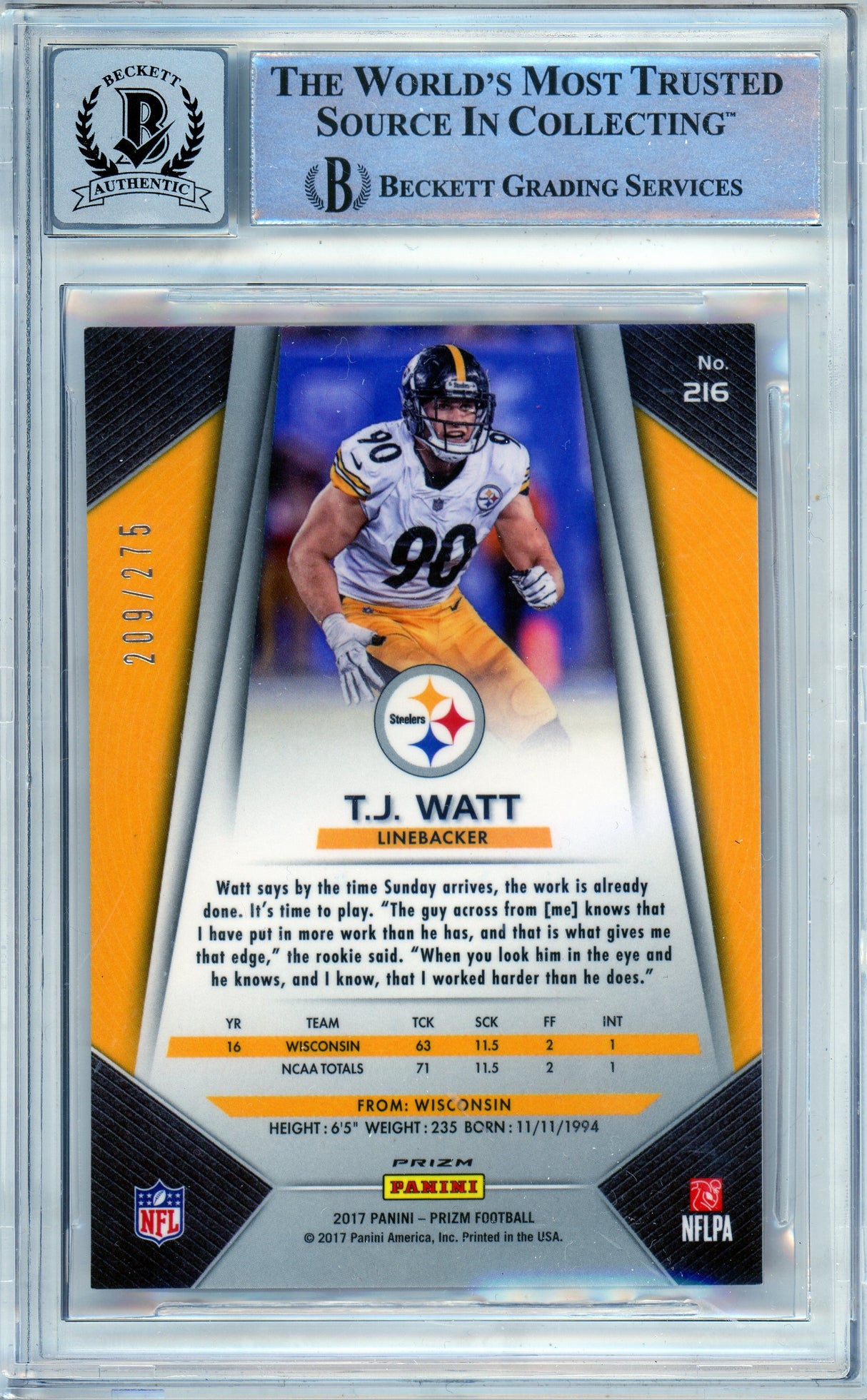 2017 Panini Prizm Orange #216 T.J. Watt RC 209/275 Pittsburgh Steelers BGS Auto