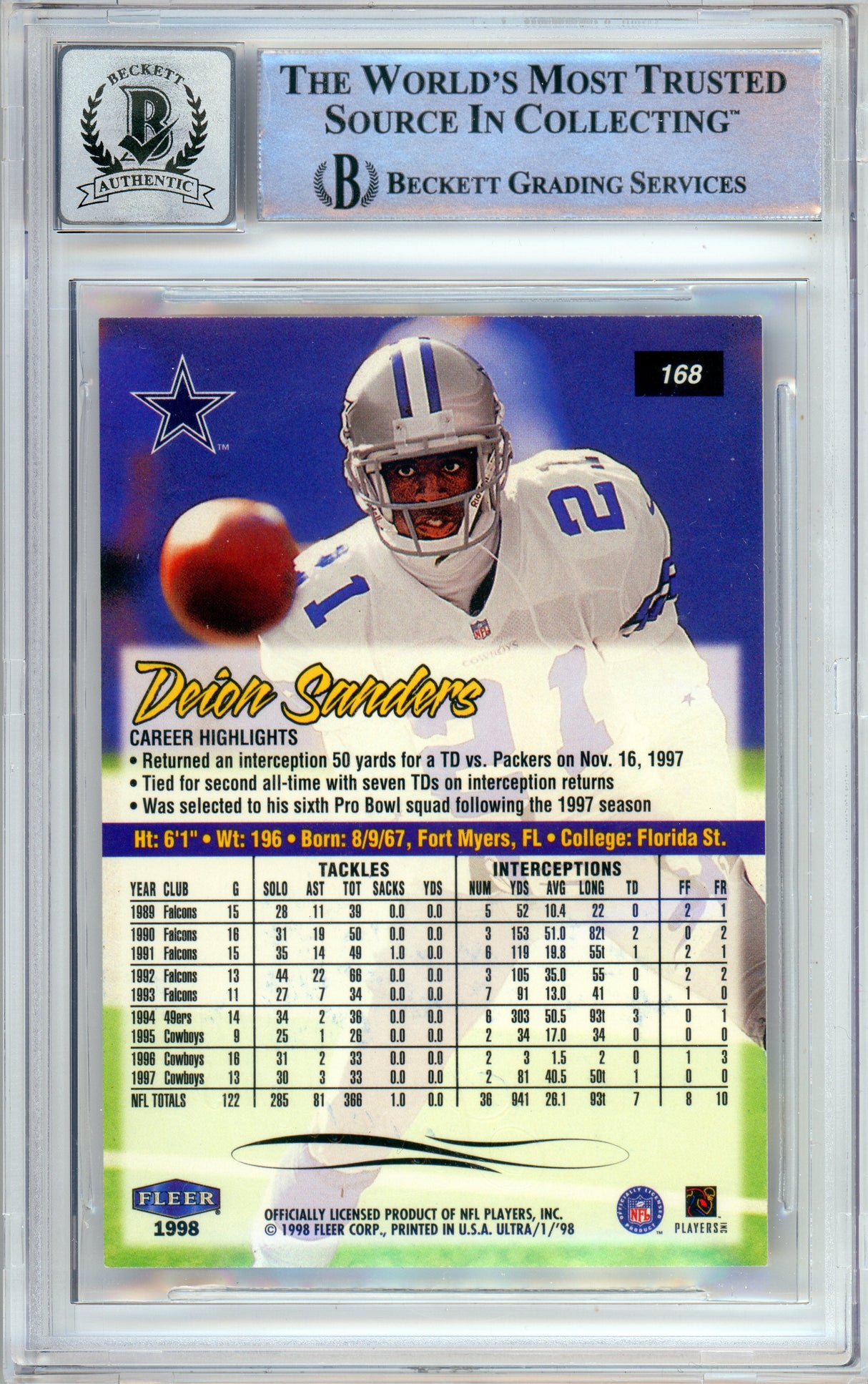 1998 Fleer Ultra #168 Deion Sanders Atlanta Falcons BGS Autograph 10