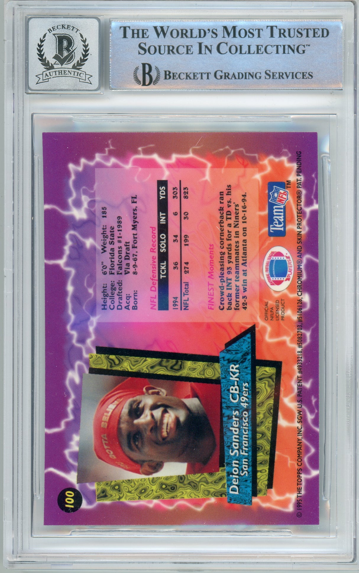 1995 Topps Finest #100 Deion Sanders San Fransico 49ers BGS Autograph 10
