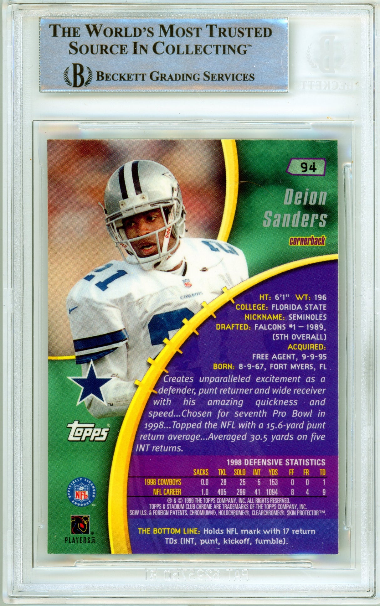 1999 Topps Stadium Club Chrome #94 Deion Sanders Dallas Cowboys BGS Autograph 10
