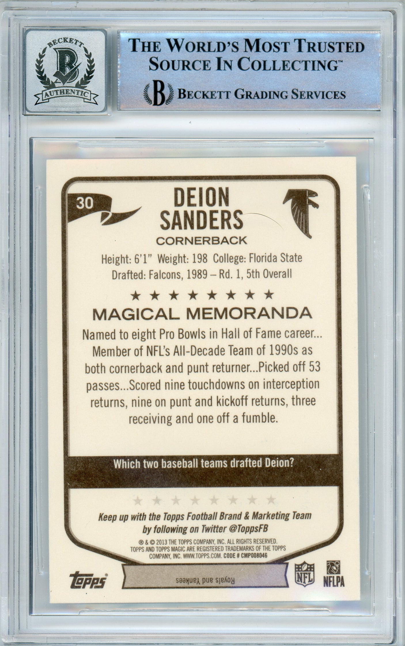 2013 Topps Magic #30 Deion Sanders Atlanta Falcons BGS Autograph 10