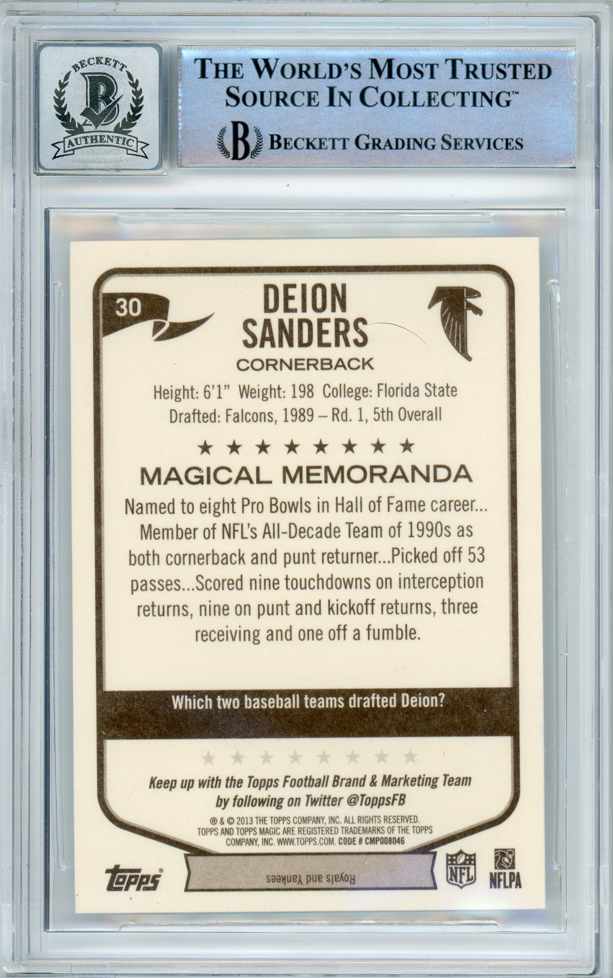 2013 Topps Magic #30 Deion Sanders Atlanta Falcons BGS Autograph 10