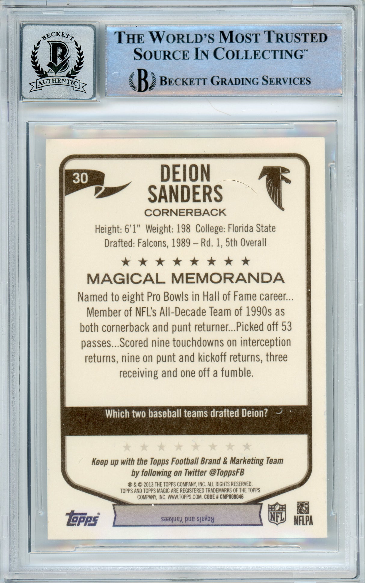 2013 Topps Magic #30 Deion Sanders Atlanta Falcons BGS Autograph 10