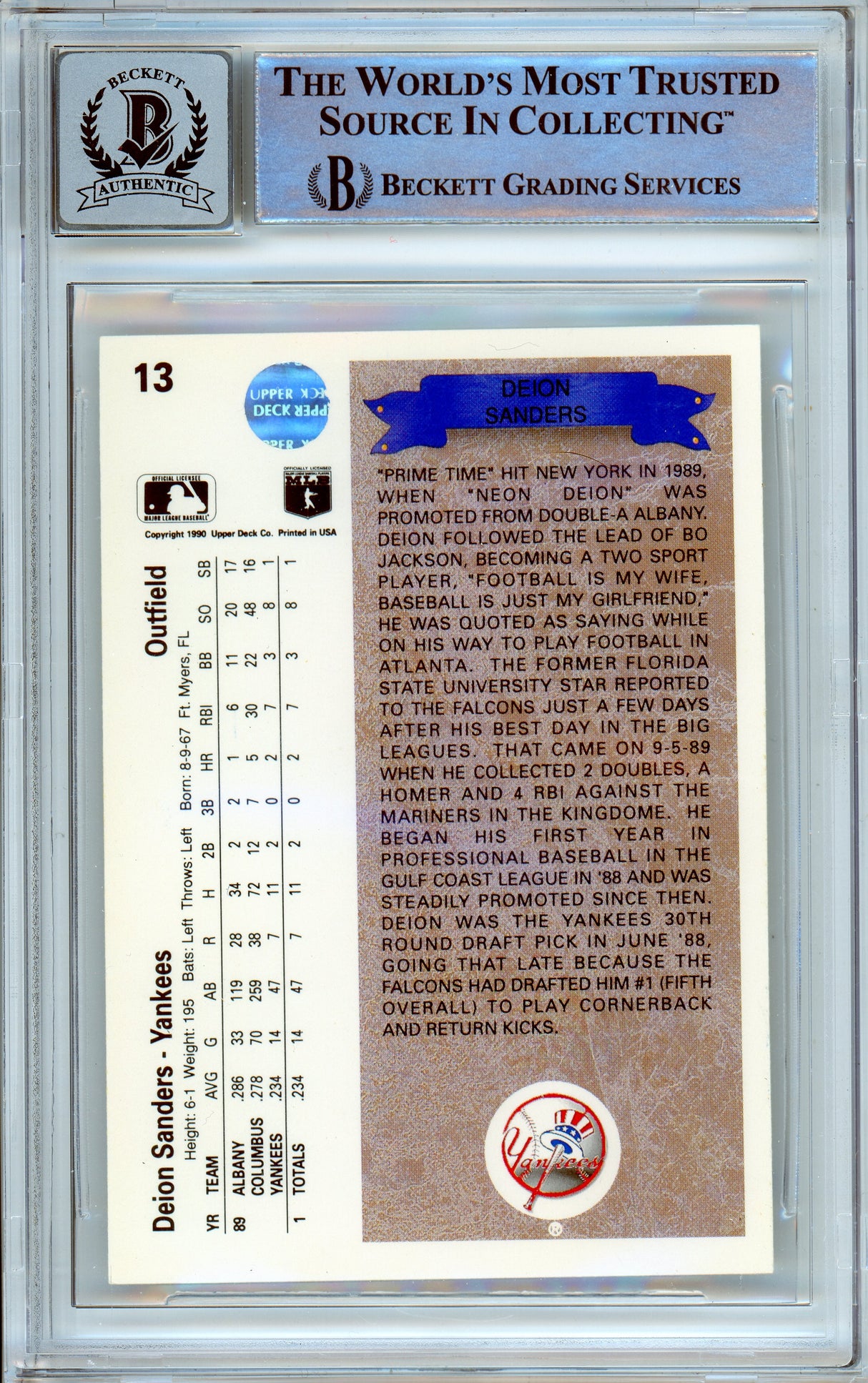 1990 Upper Deck #13 Deion Sanders New York Yankees BGS Autograph 10