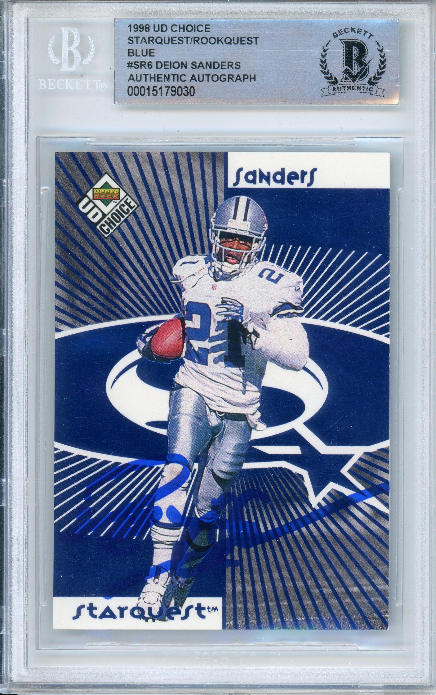1998 UD Choice StarQuest/RookQuest Blue #SR6 Deion Sanders Cowboys BGS Auto 10