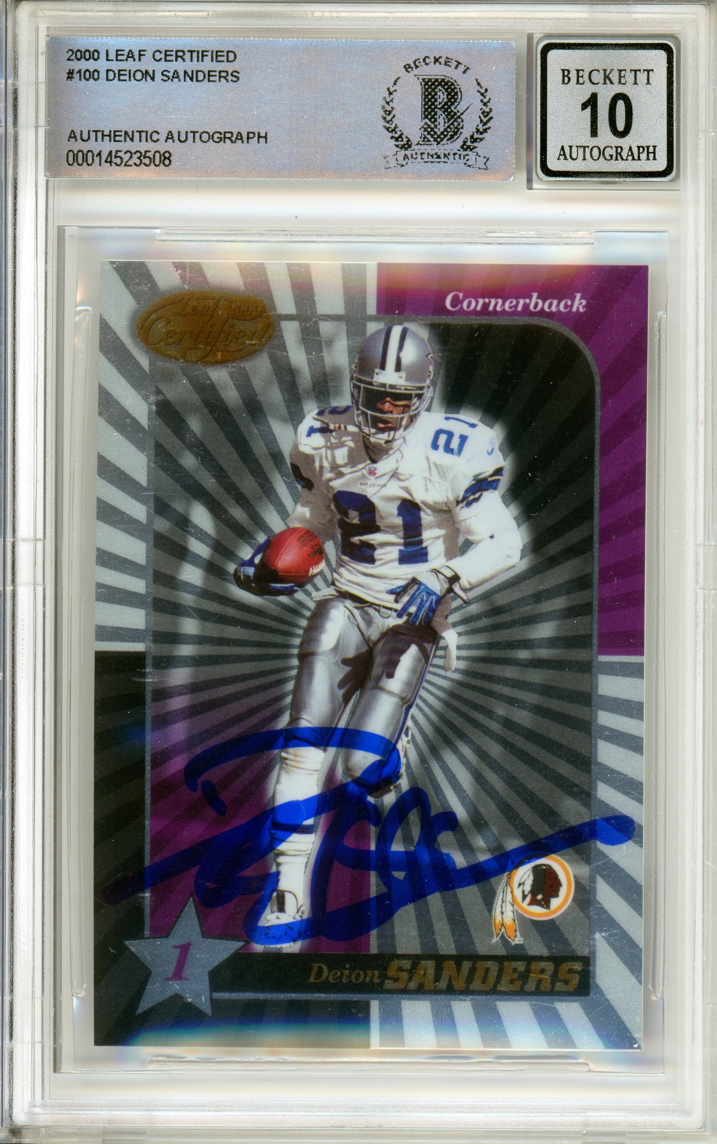 2000 Leaf Certified #100 Deion Sanders Dallas Cowboys BGS Autograph 10