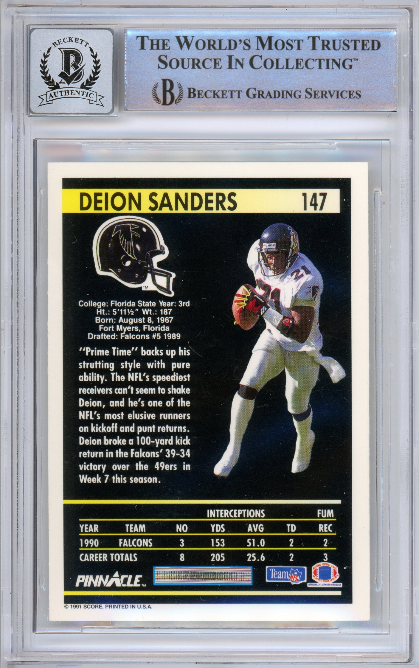 1991 Pinnacle #147 Deion Sanders Atlanta Falcons BGS Autograph 10