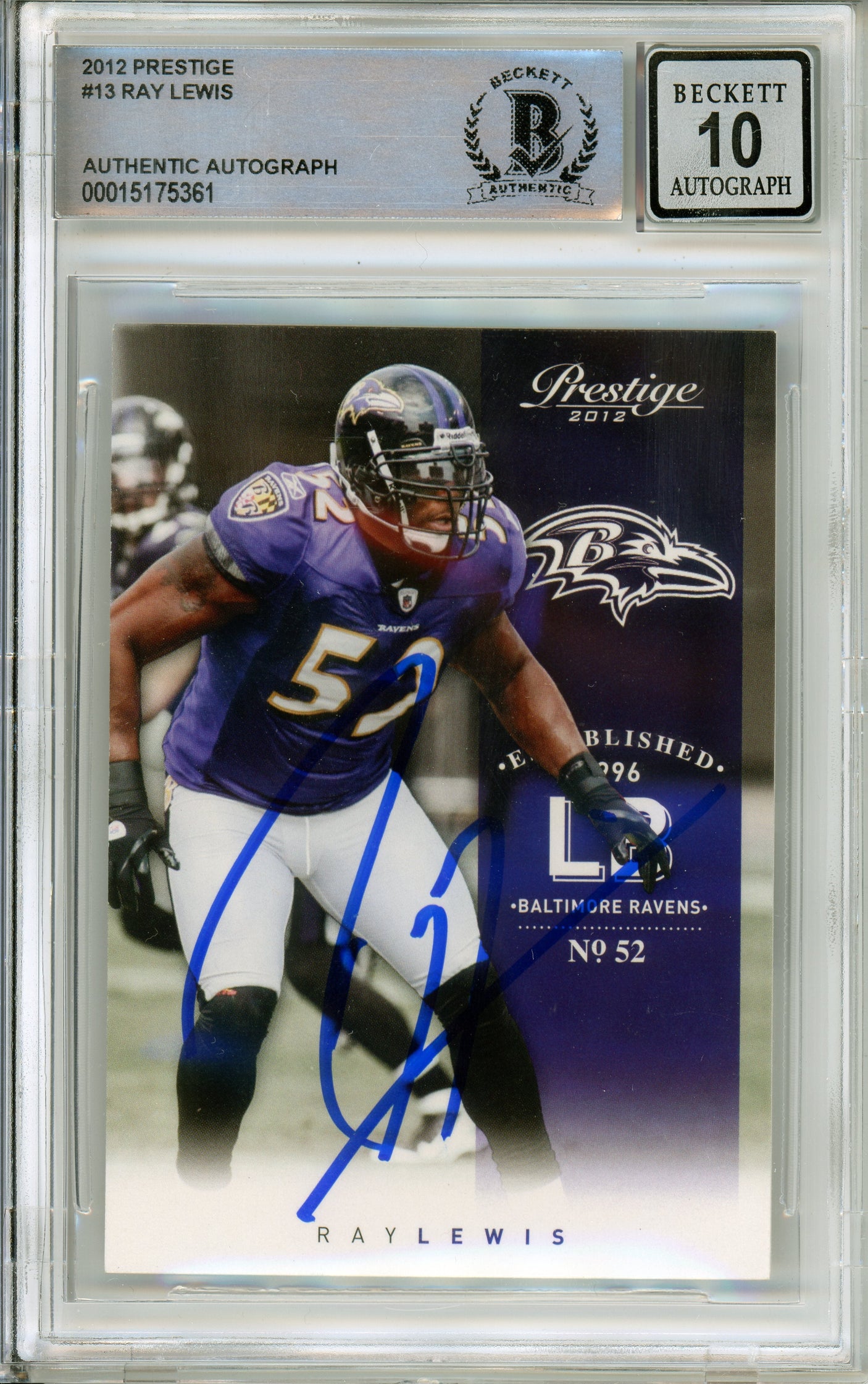 2012 Panini Prestige #13 Ray Lewis Baltimore Ravens BGS Autograph 10