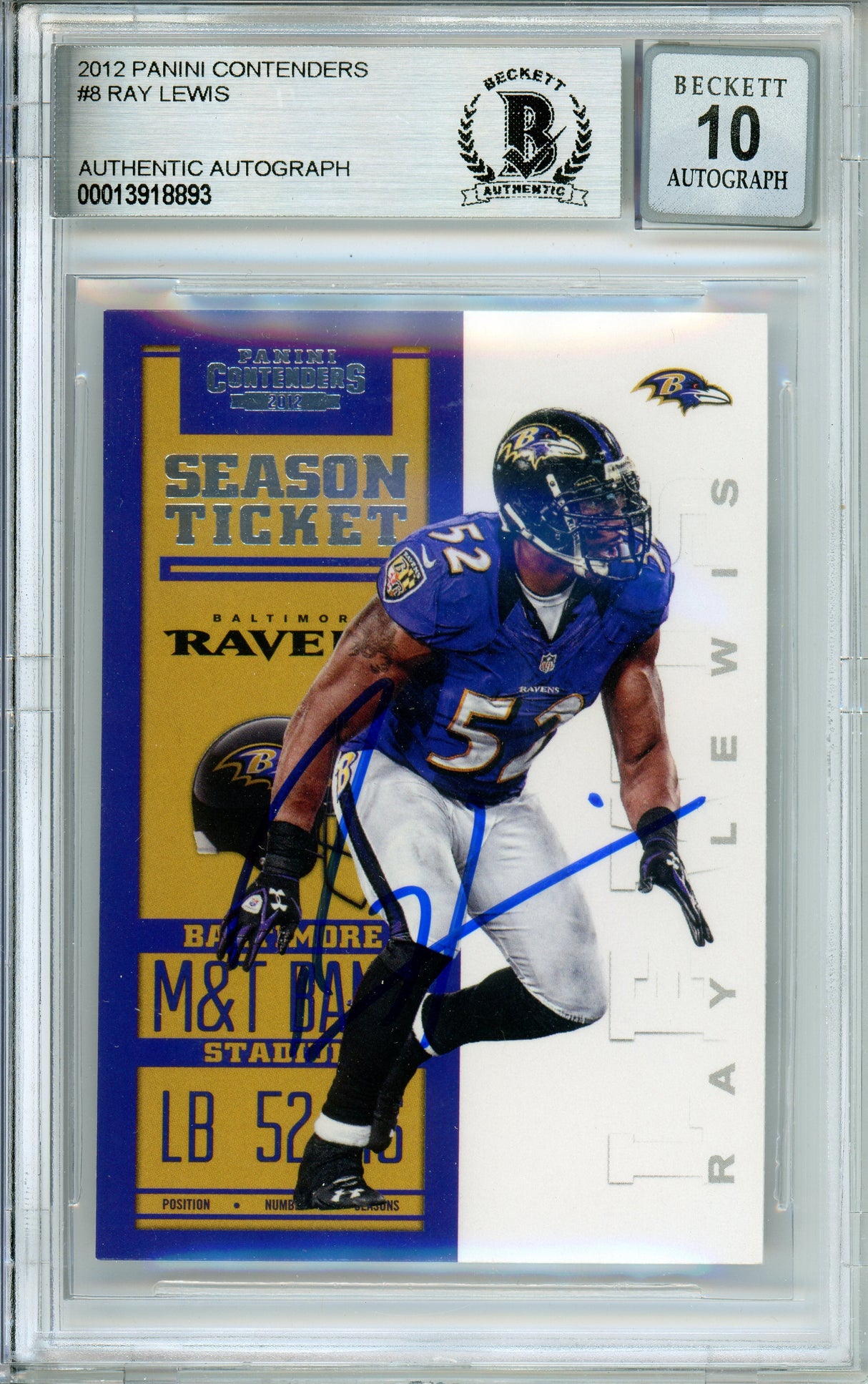 2012 Panini Contenders #8 Ray Lewis Baltimore Ravens BGS Autograph 10