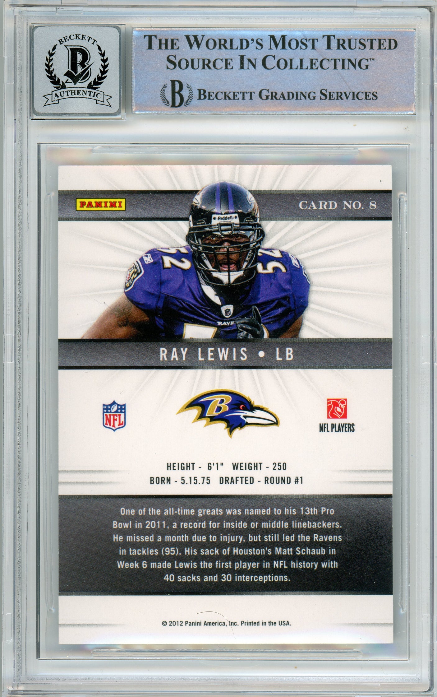 2012 Panini Elite #8 Ray Lewis Baltimore Ravens BGS Autograph 10
