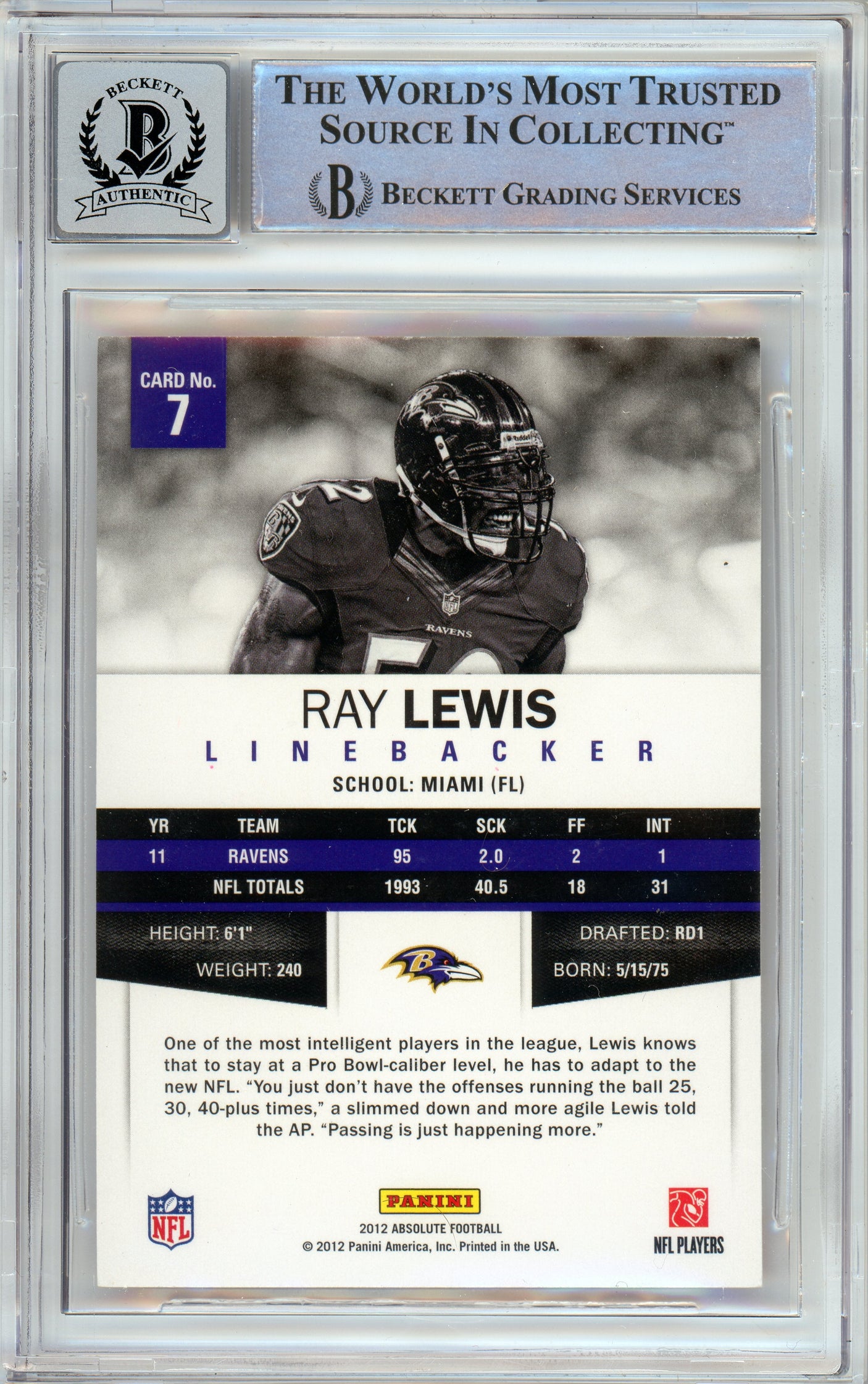 2012 Panini Absolute #7 Ray Lewis Baltimore Ravens BGS Autograph 10