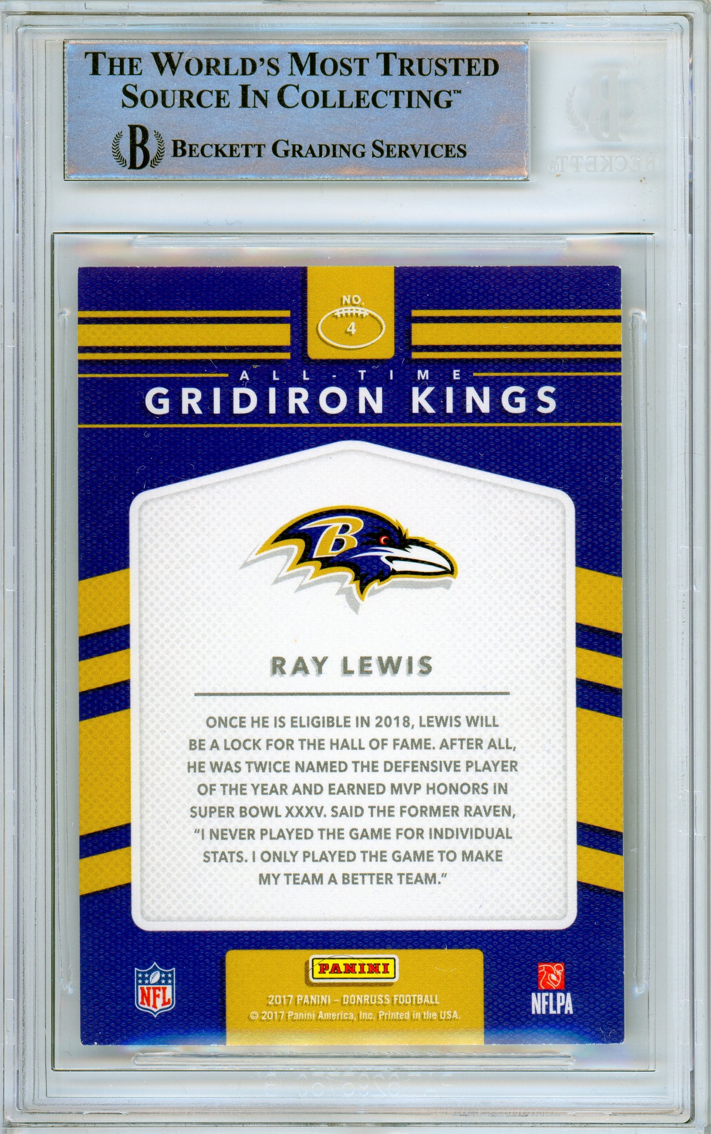 2017 Donruss All Time Gridiron Kings #4 Ray Lewis Baltimore Ravens BGS Auto 10