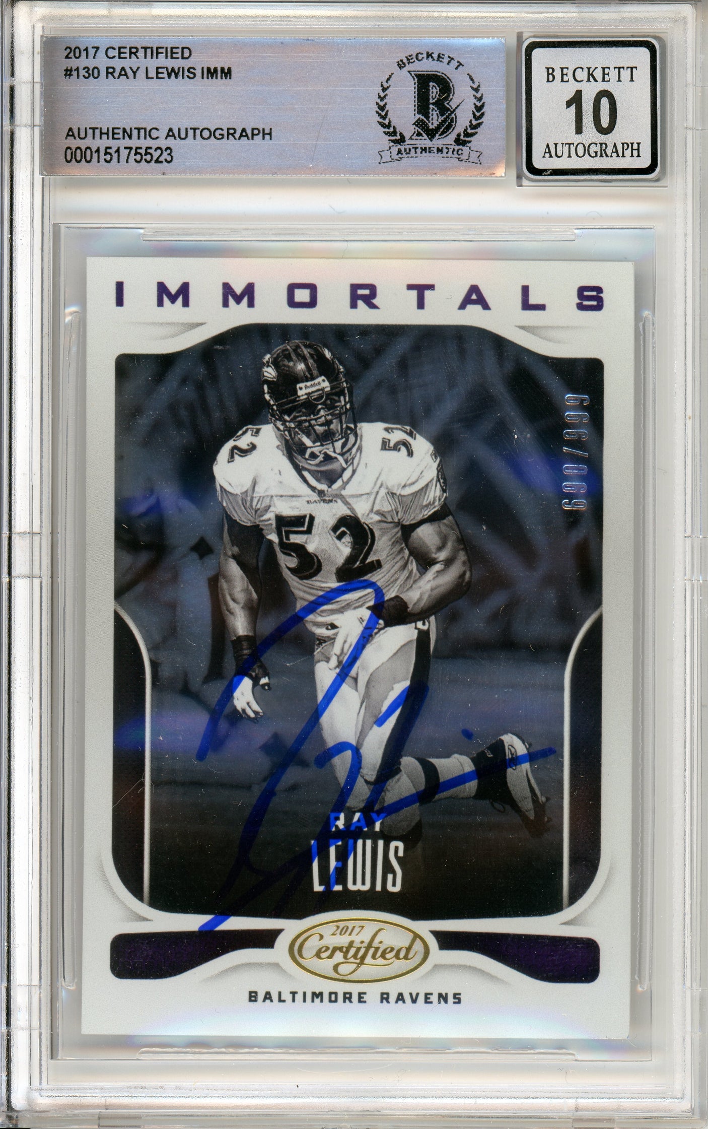 2017 Panini Certified Immortals #130 Ray Lewis 690/999 Ravens BGS Auto 10