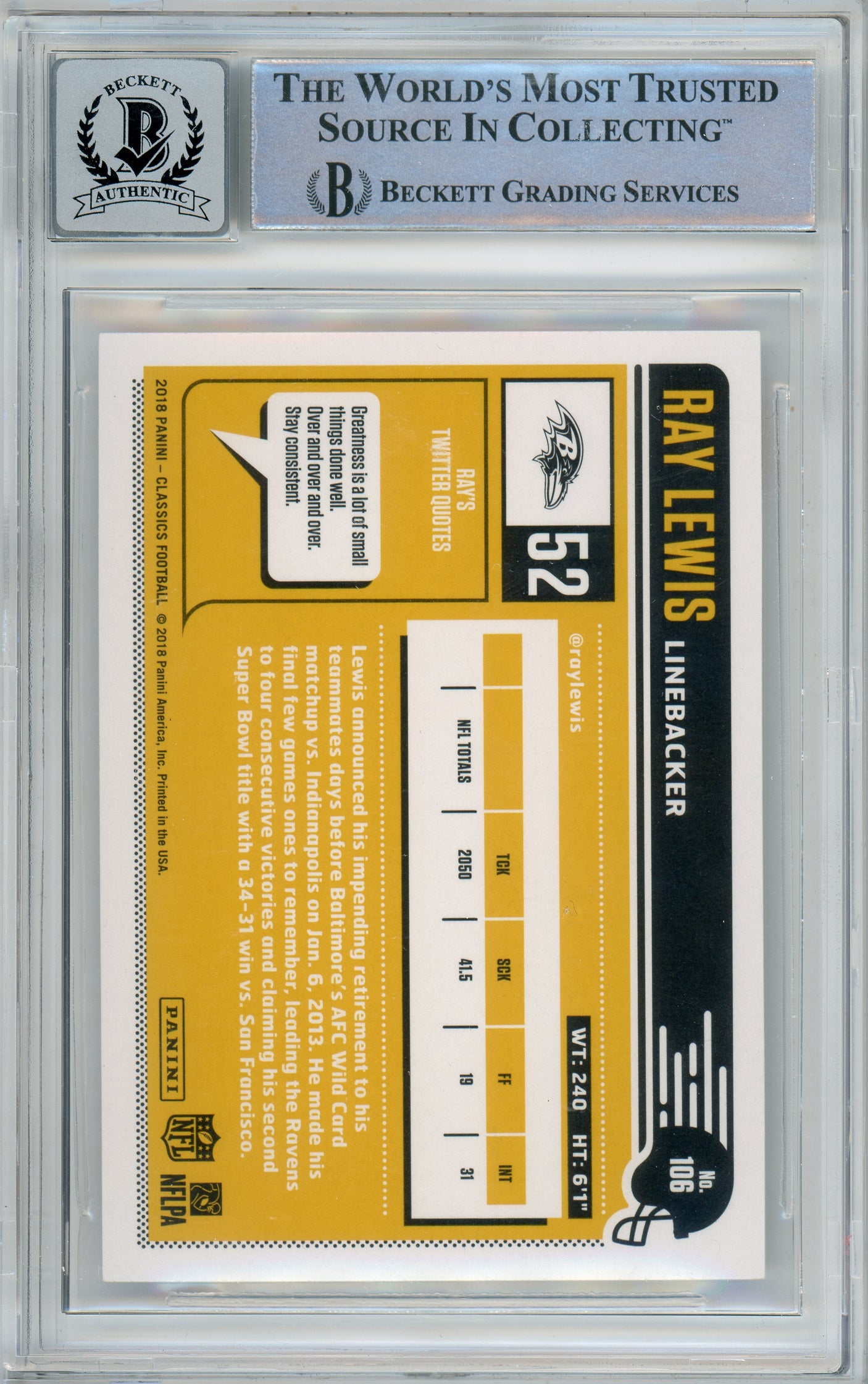 2018 Panini Classics #106 Ray Lewis Baltimore Ravens BGS Autograph 10