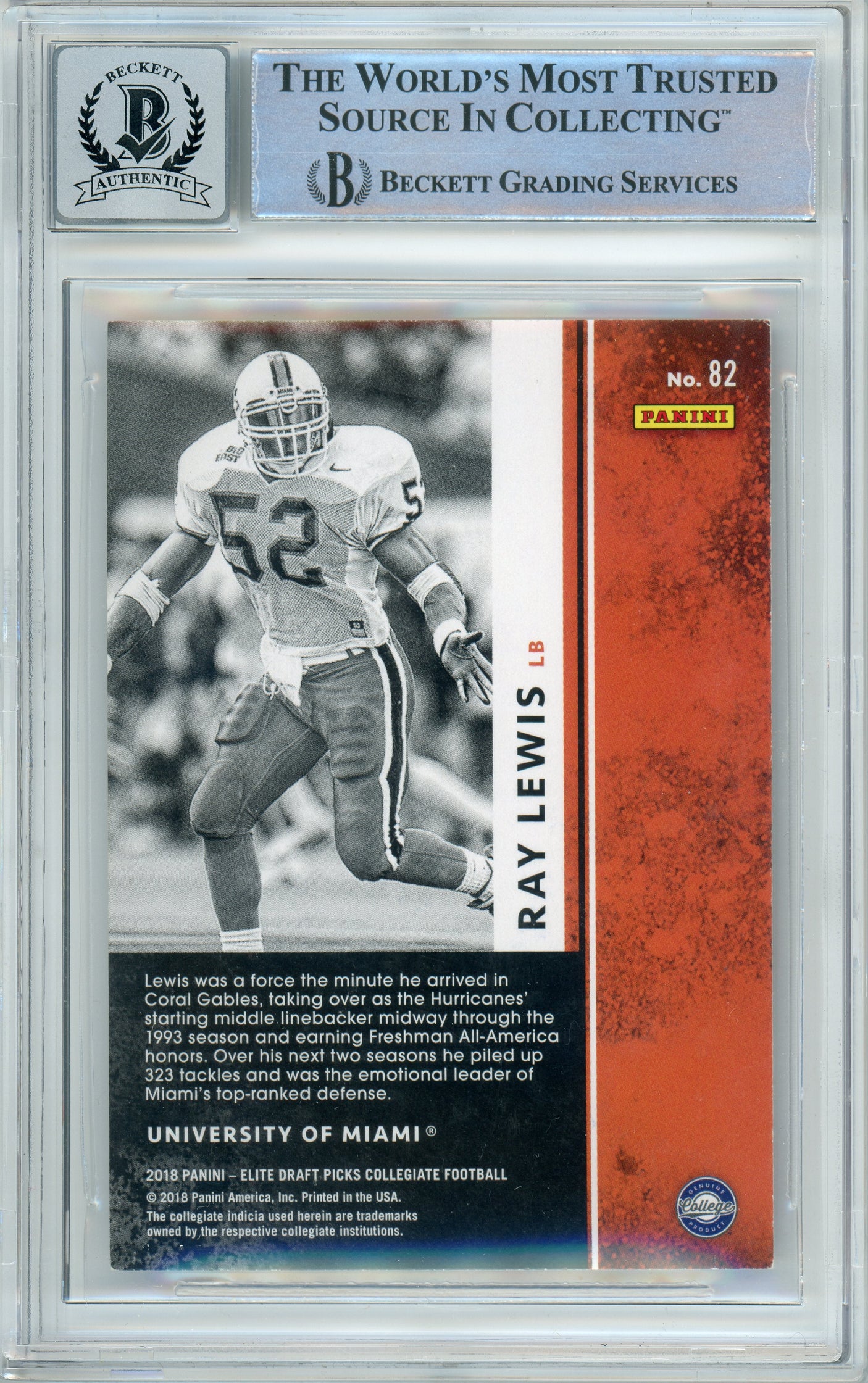2018 Elite Draft Picks #82 Ray Lewis Miami Hurricanes BGS Autograph 10