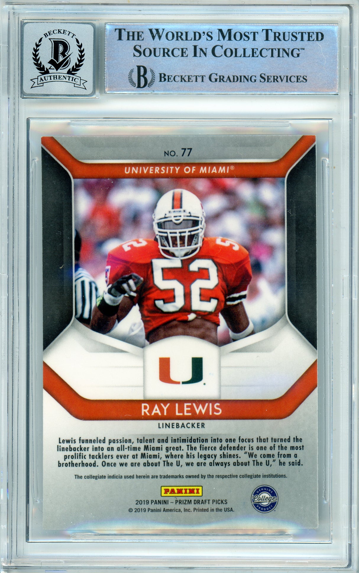 2019 Panini Prizm Draft Picks #77 Ray Lewis Miami Hurricanes BGS Autograph 10