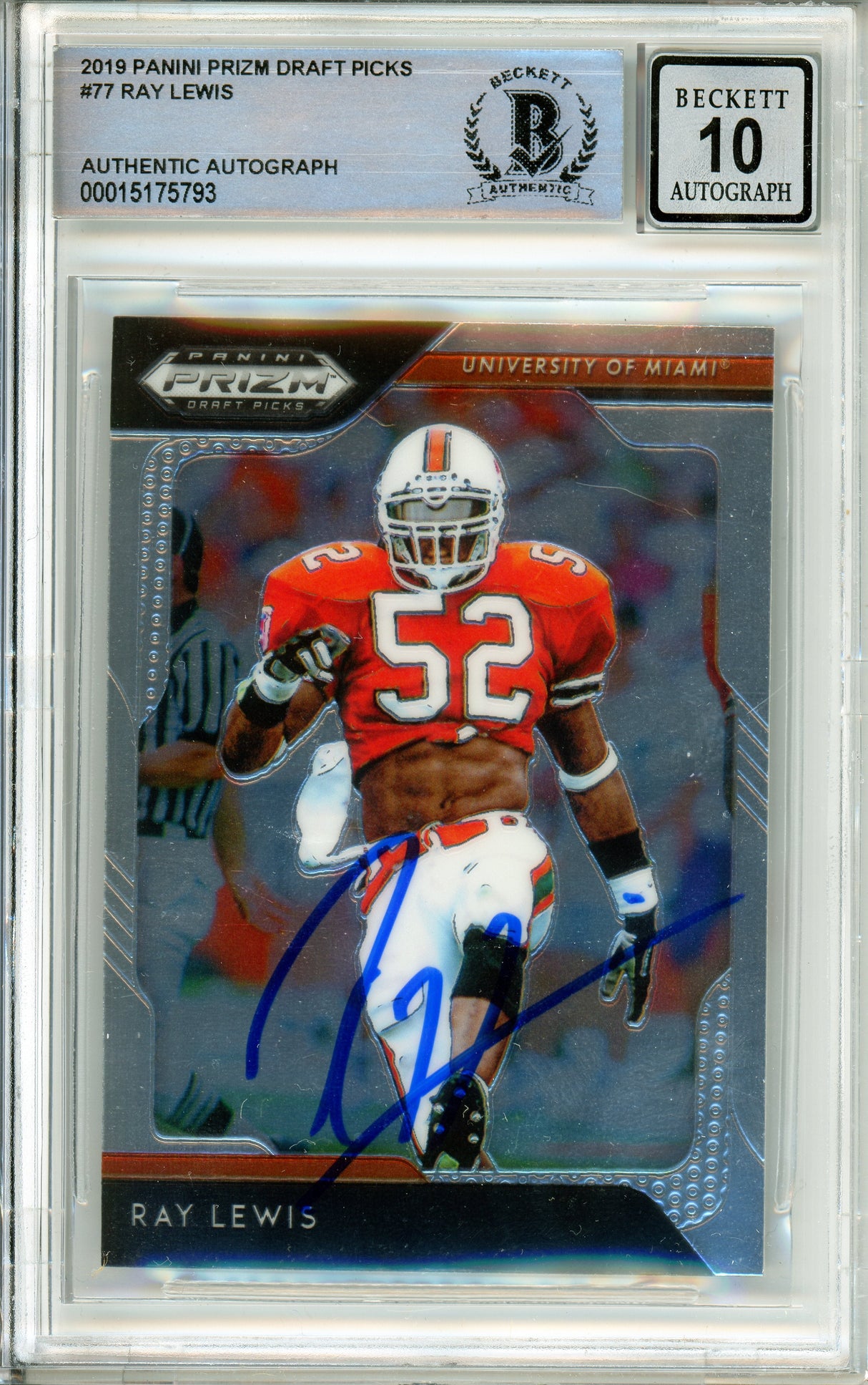 2019 Panini Prizm Draft Picks #77 Ray Lewis Miami Hurricanes BGS Autograph 10