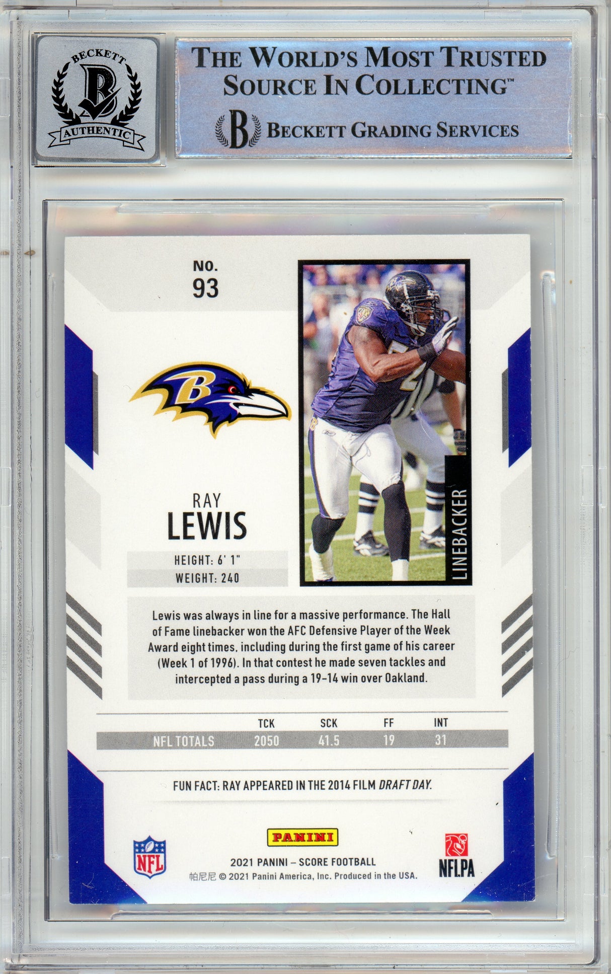 2021 Panini Score #93 Ray Lewis Baltimore Ravens BGS Autograph 10