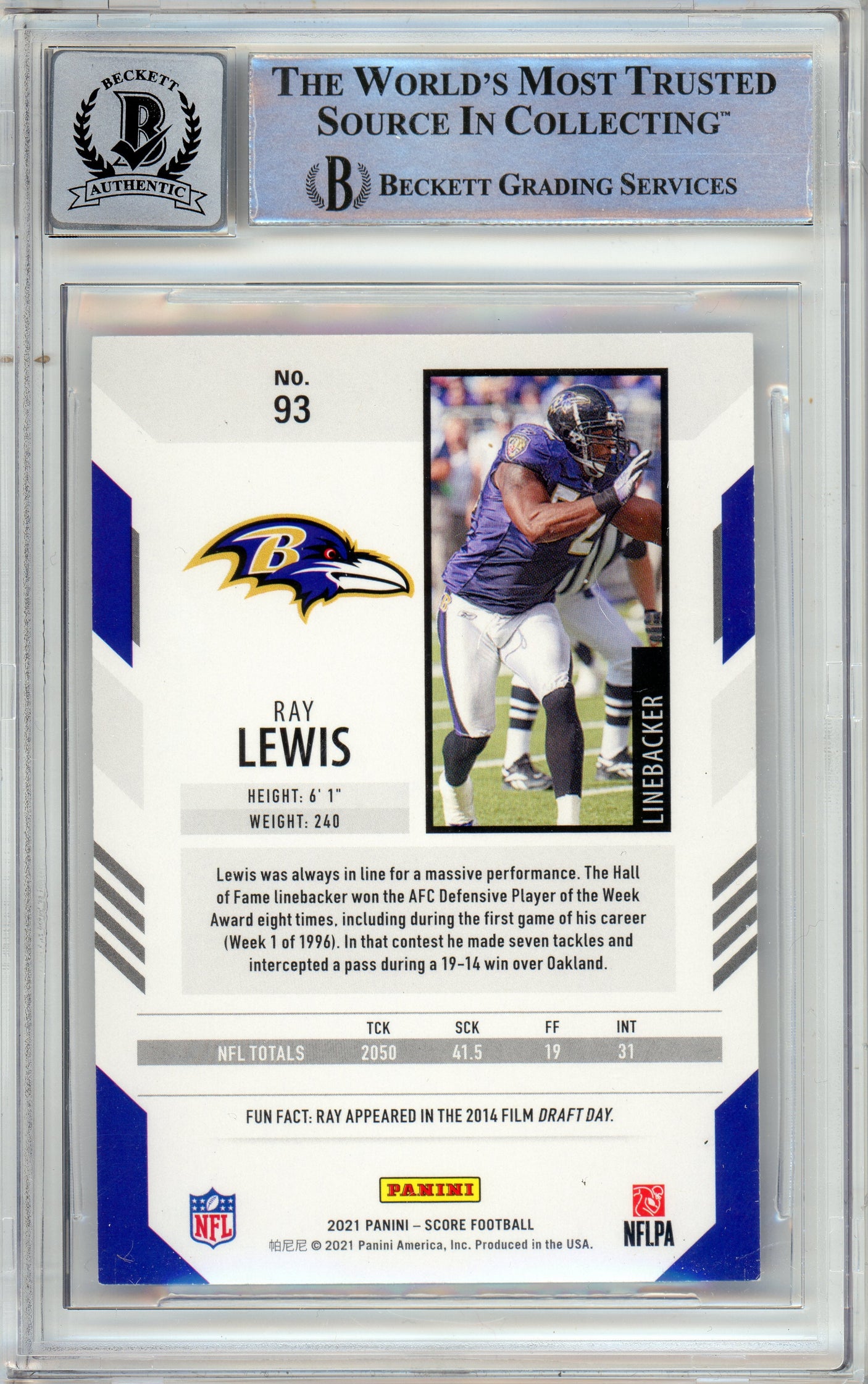 2021 Panini Score #93 Ray Lewis Baltimore Ravens BGS Autograph 10