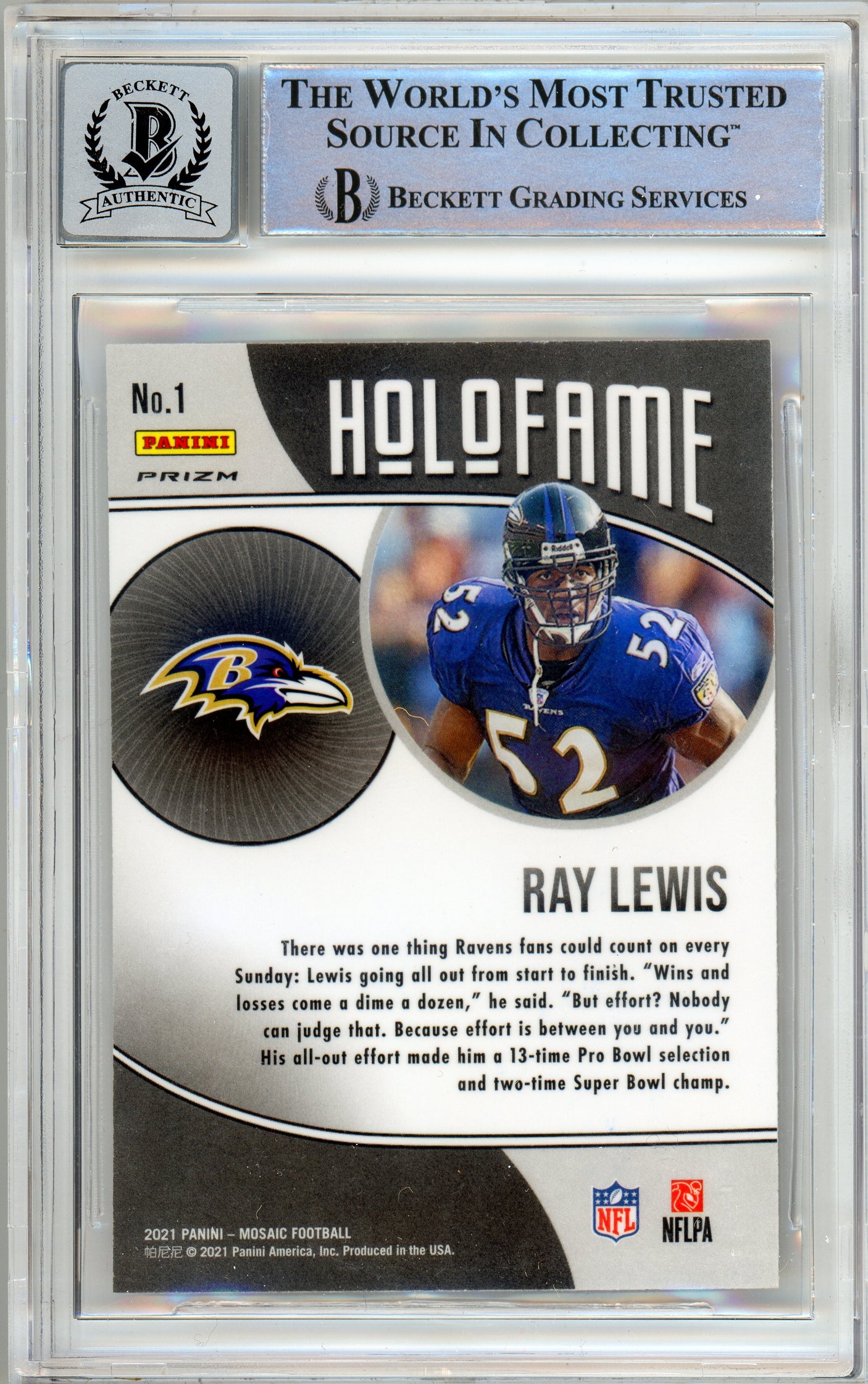 2021 Panini Mosaic Holofame Red #1 Ray Lewis Ravens BGS Autograph 10