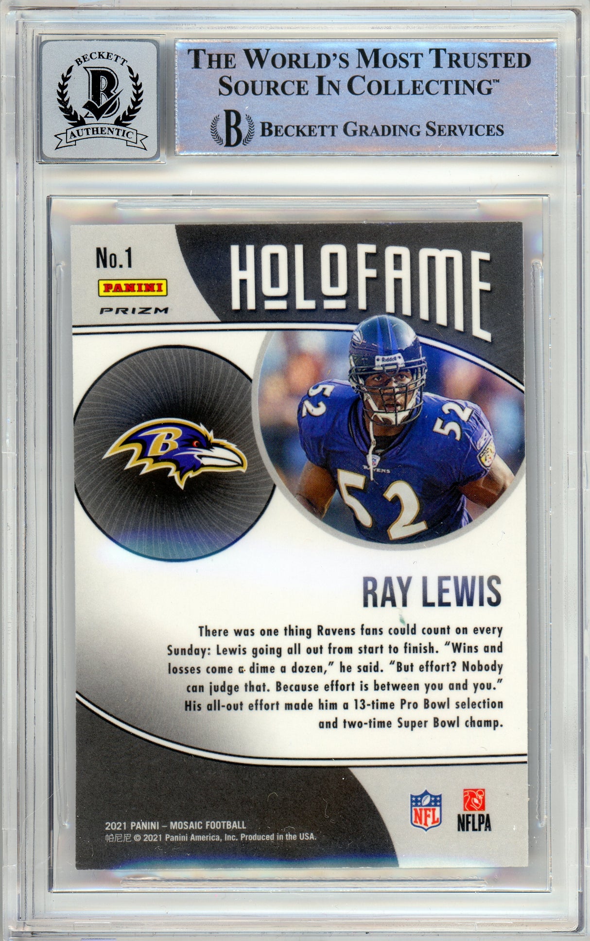 2021 Panini Mosaic Holofame Green #1 Ray Lewis Ravens BGS Auto 10