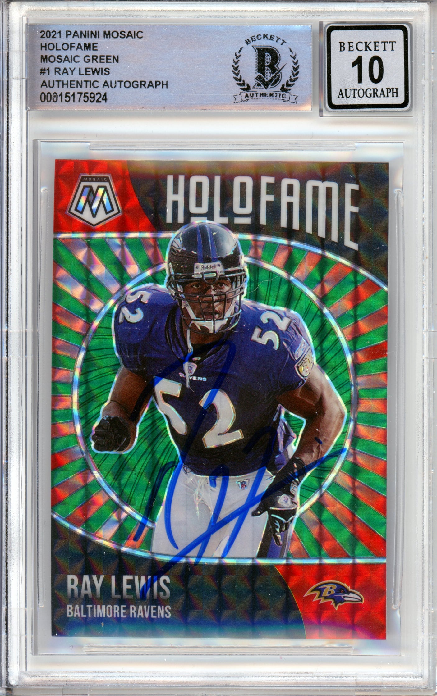 2021 Panini Mosaic Holofame Green #1 Ray Lewis Ravens BGS Auto 10