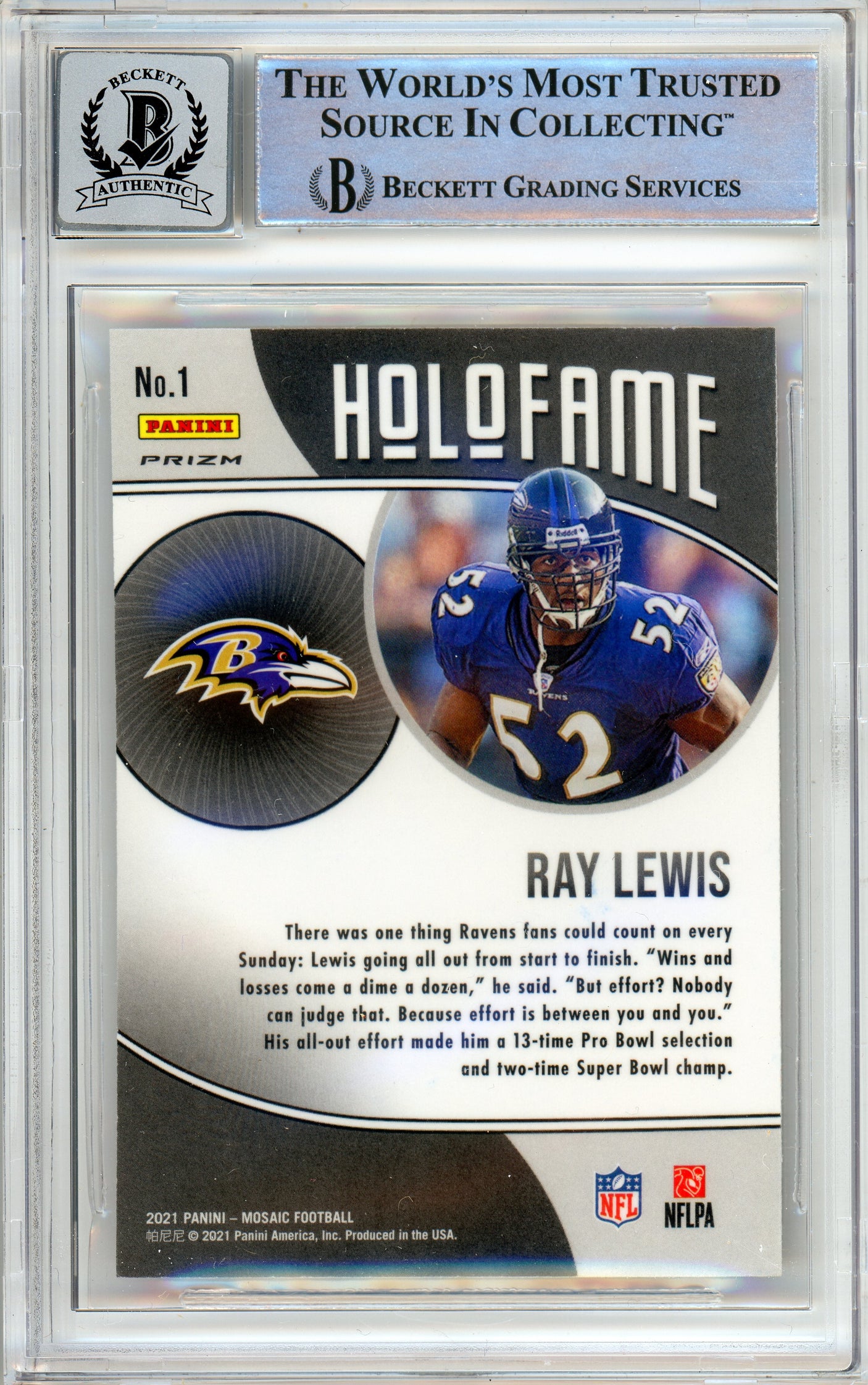 2021 Panini Mosaic Holofame Green #1 Ray Lewis Ravens BGS Auto 10