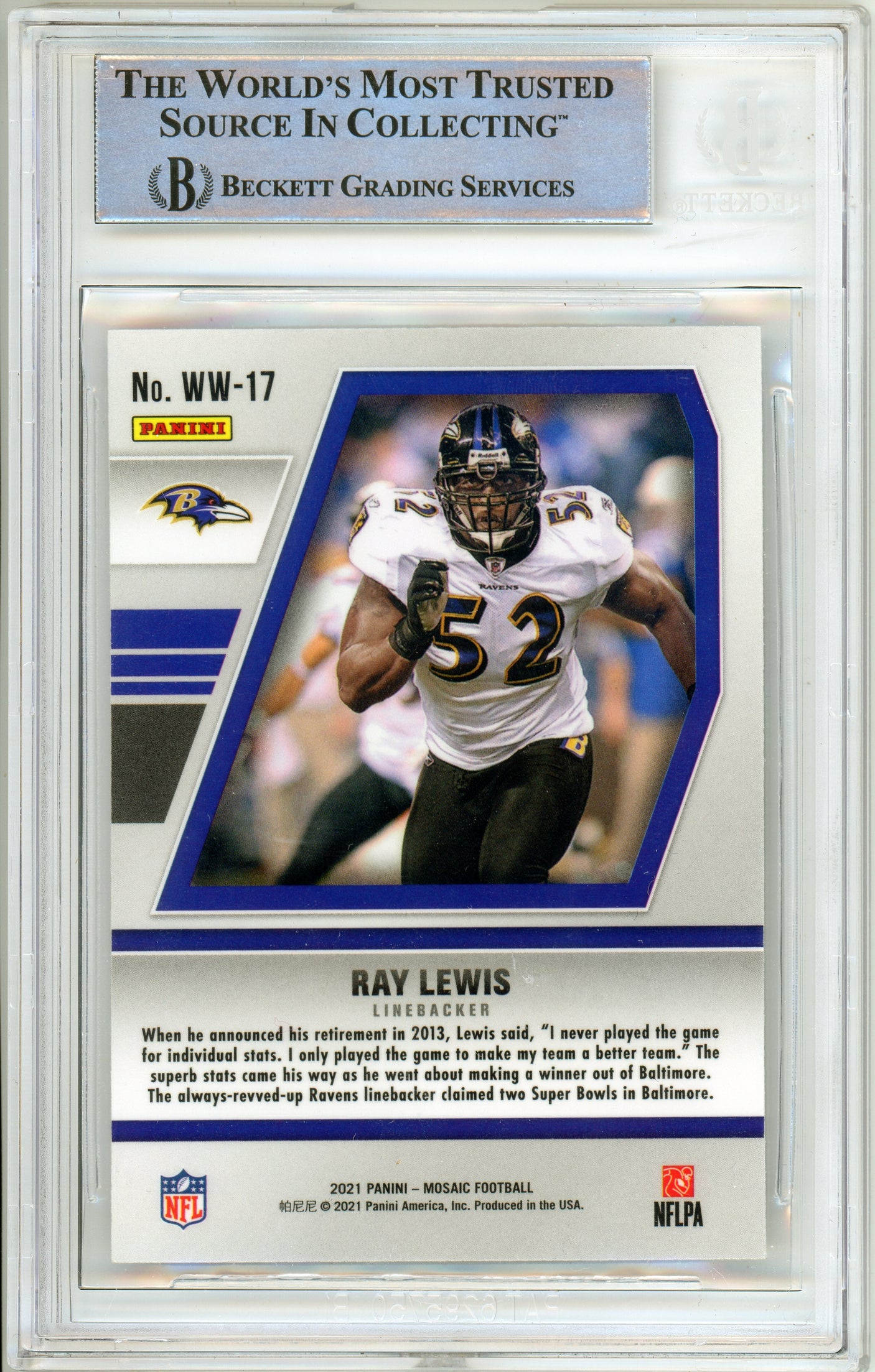 2021 Panini Mosaic Will to Win #17 Ray Lewis Ravens BGS Autograph