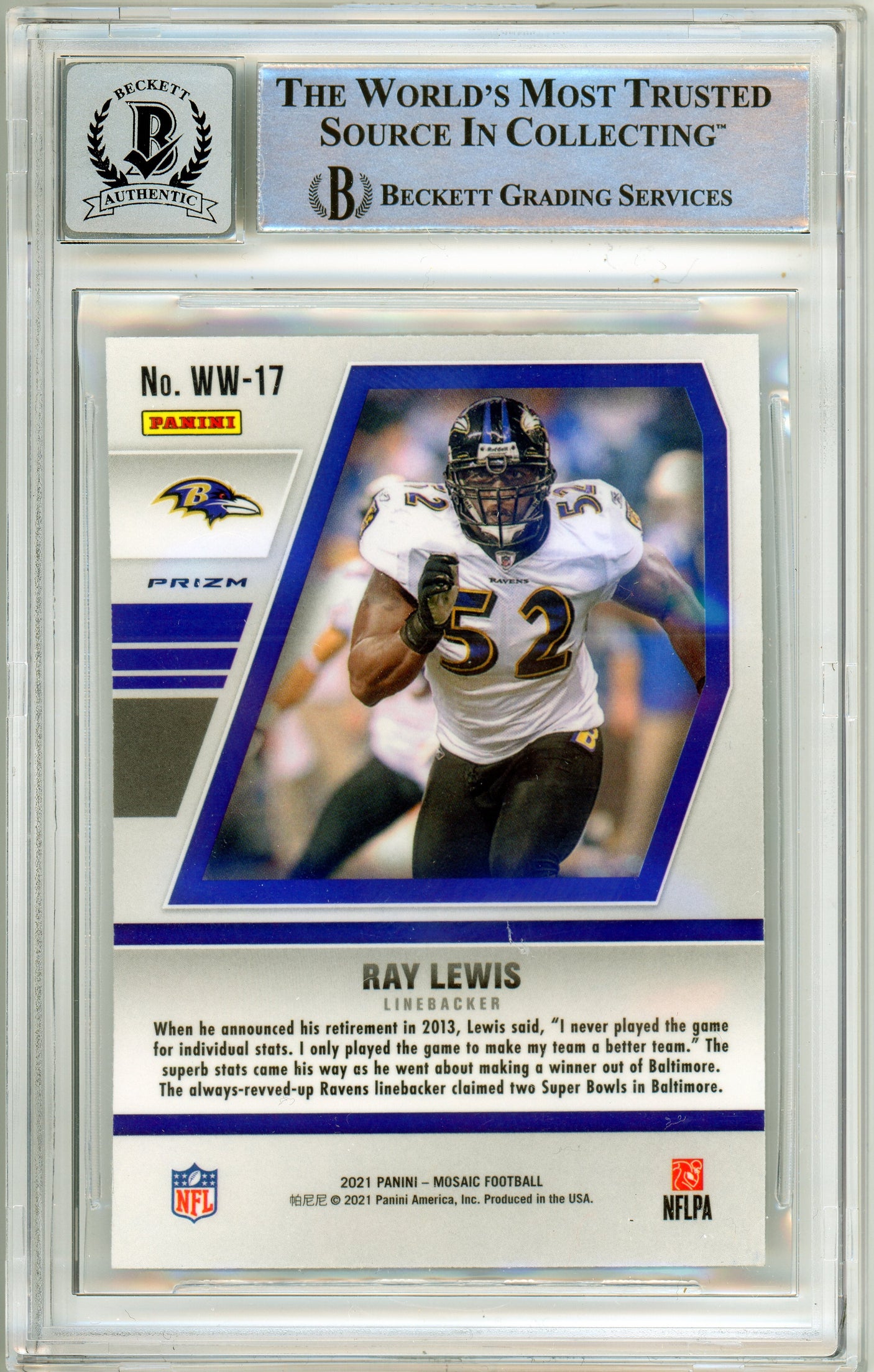 2021 Panini Mosaic Will to Win Mosaic #17 Ray Lewis Ravens BGS Autograph 10