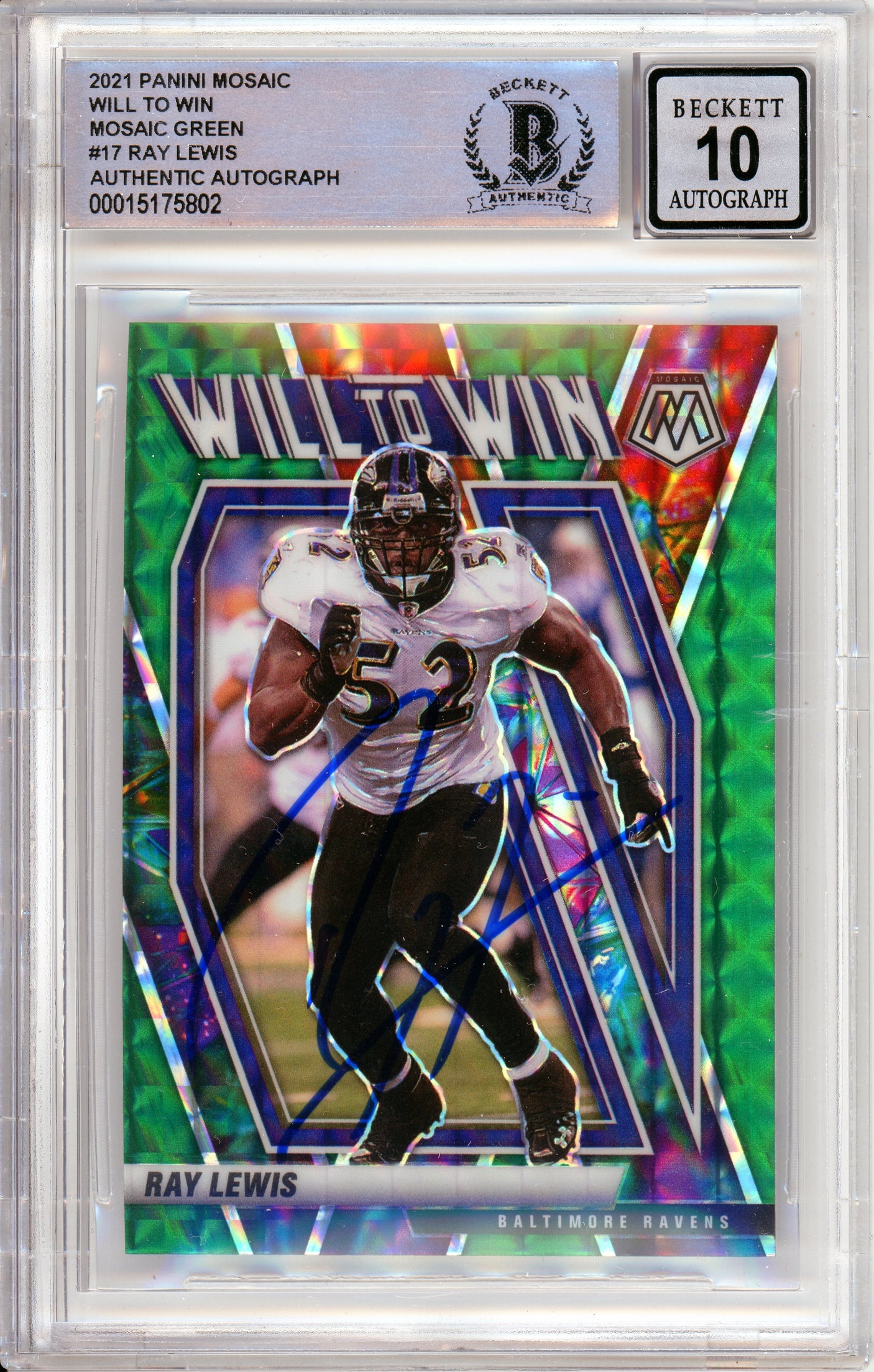 2021 Panini Mosaic Will to Win Green #17 Ray Lewis Ravens BGS Autograph 10