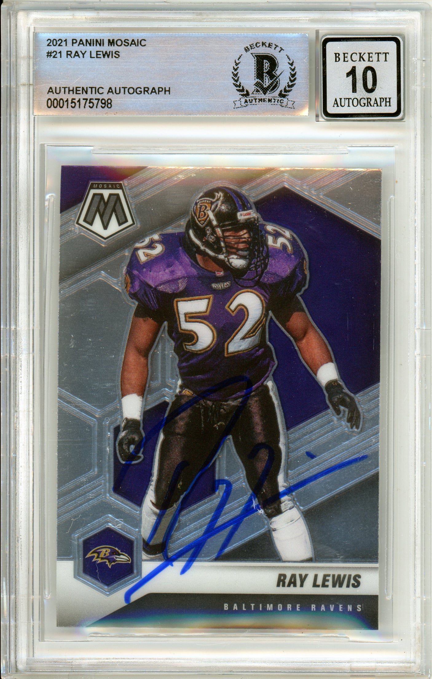 2021 Panini Mosaic #21 Ray Lewis Baltimore Ravens BGS Autograph 10