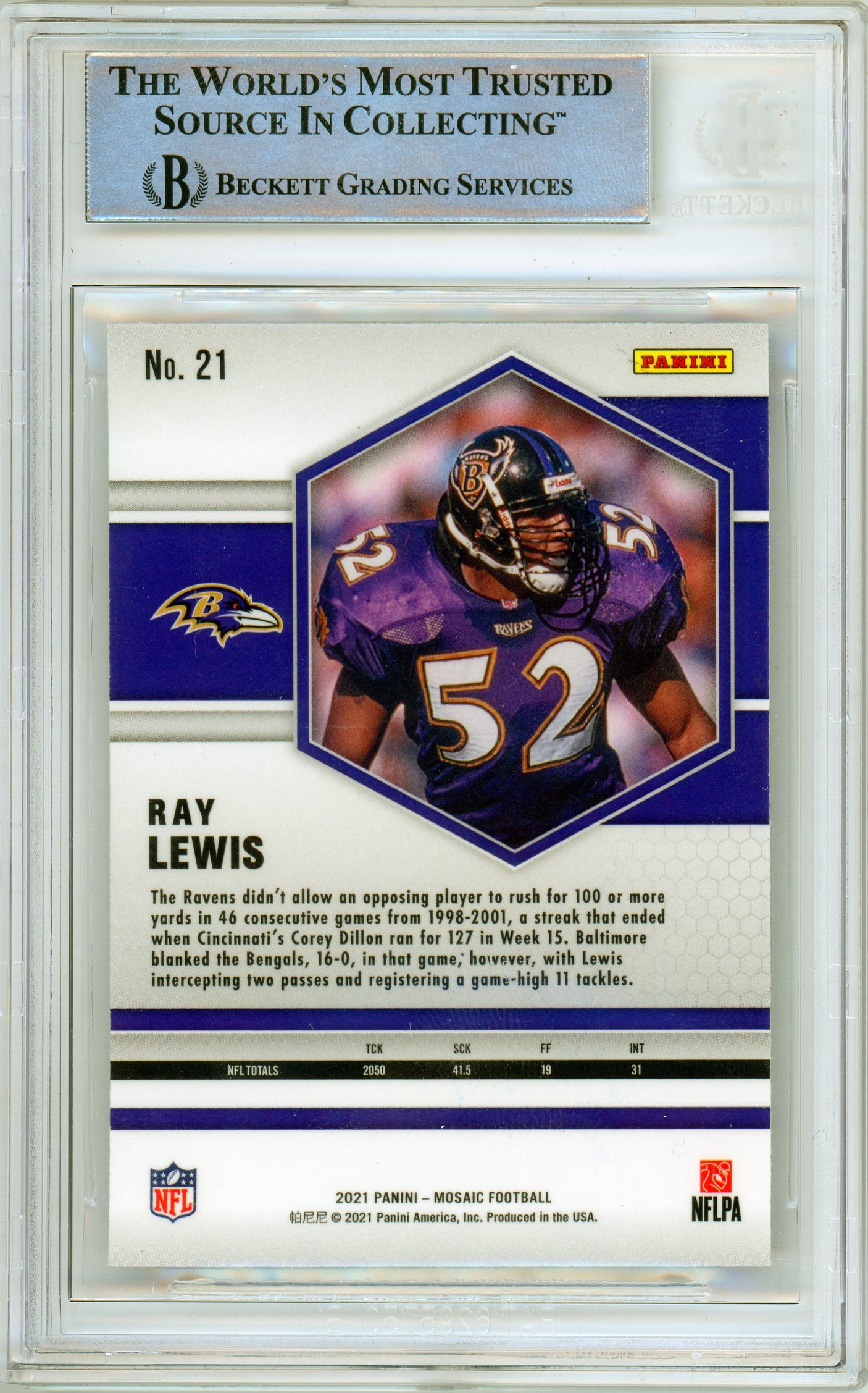 2021 Panini Mosaic #21 Ray Lewis Baltimore Ravens BGS Autograph