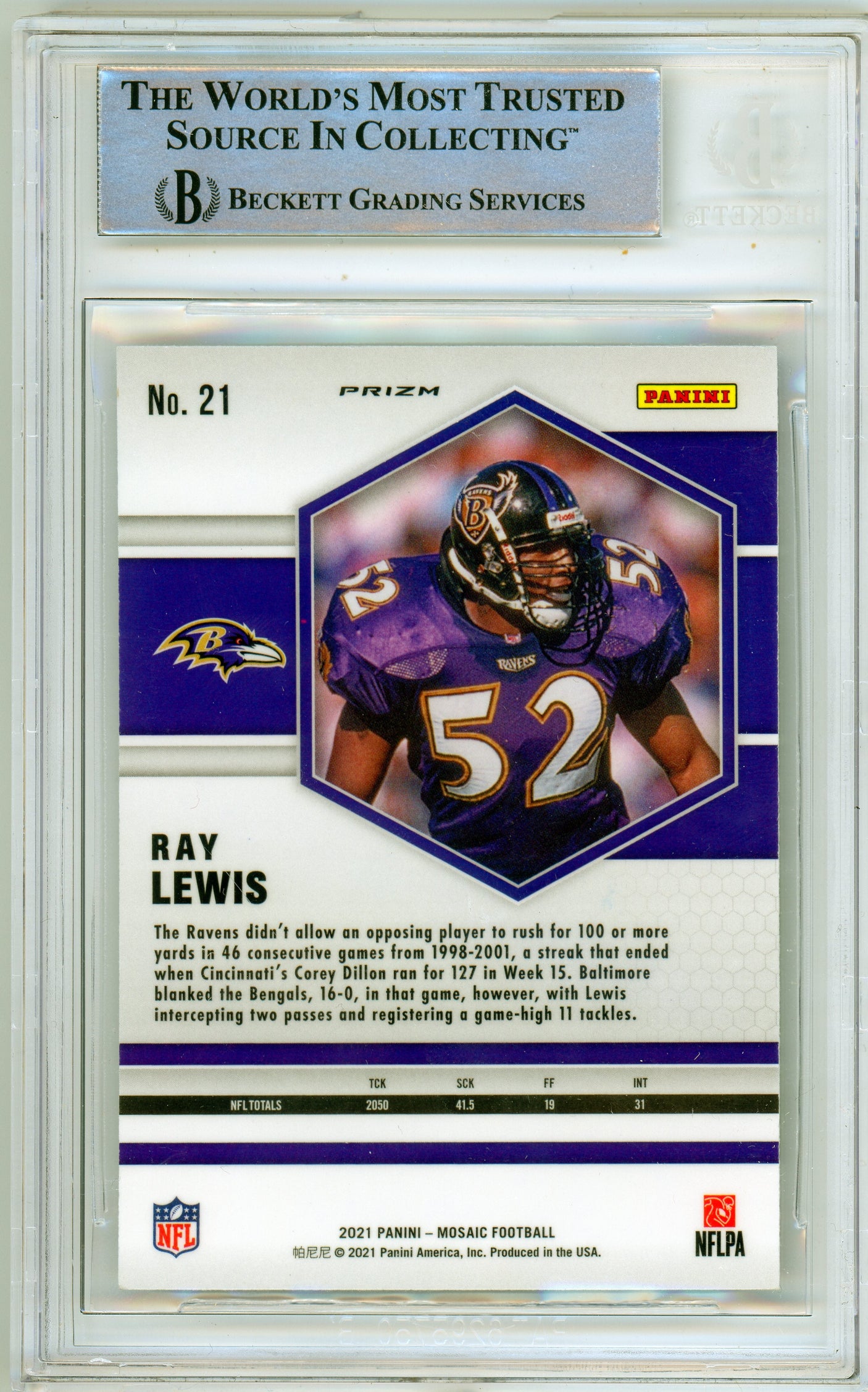 2021 Panini Mosaic Green #21 Ray Lewis Baltimore Ravens BGS Autograph