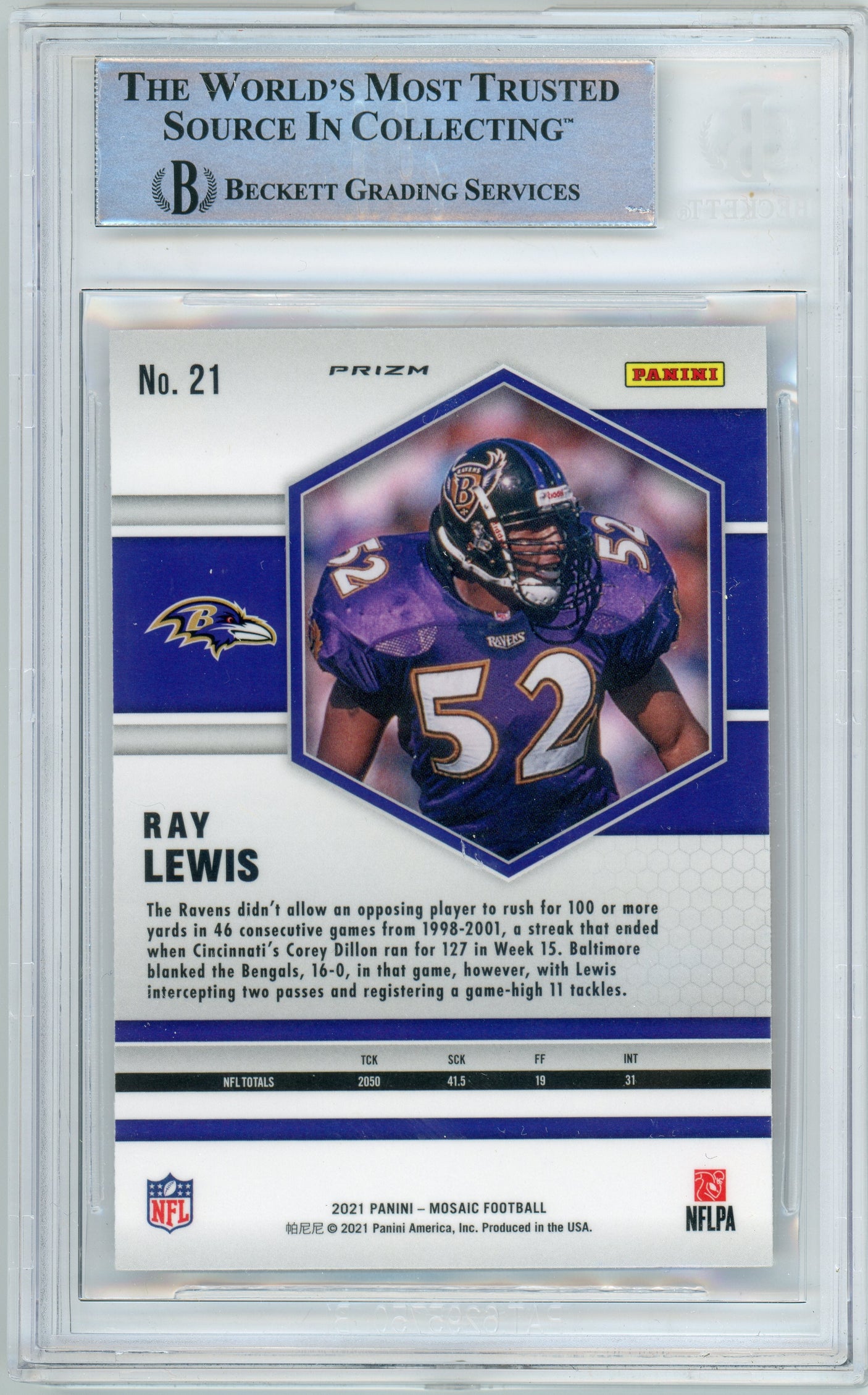 2021 Panini Mosaic Reactive Orange #21 Ray Lewis Ravens BGS Autograph