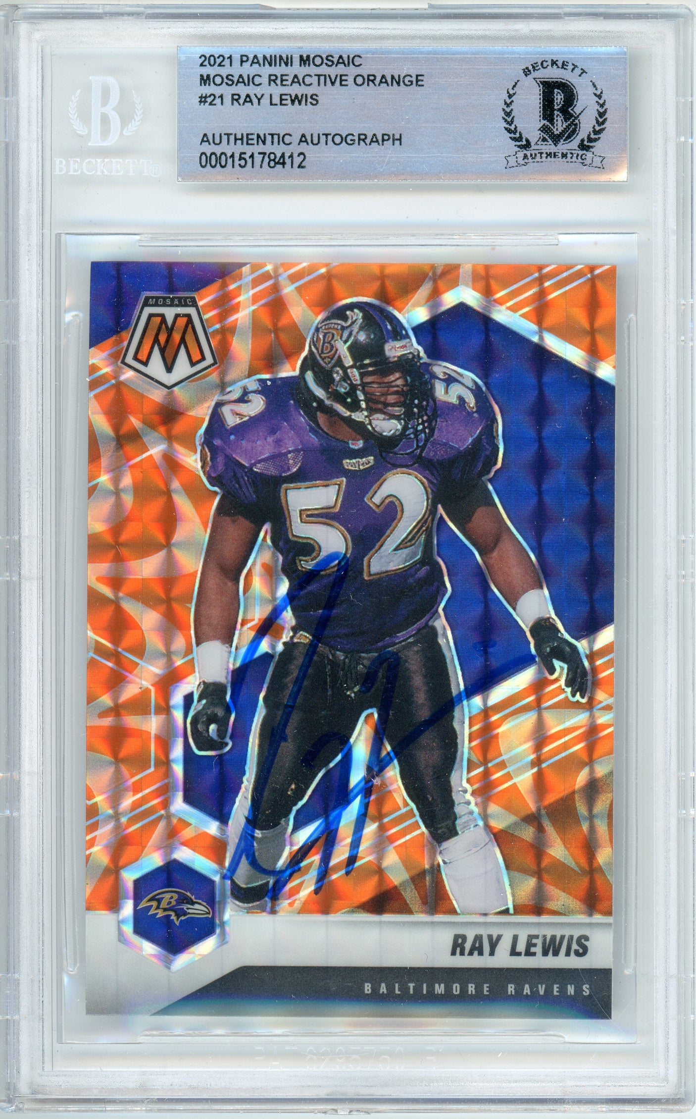 2021 Panini Mosaic Reactive Orange #21 Ray Lewis Ravens BGS Autograph